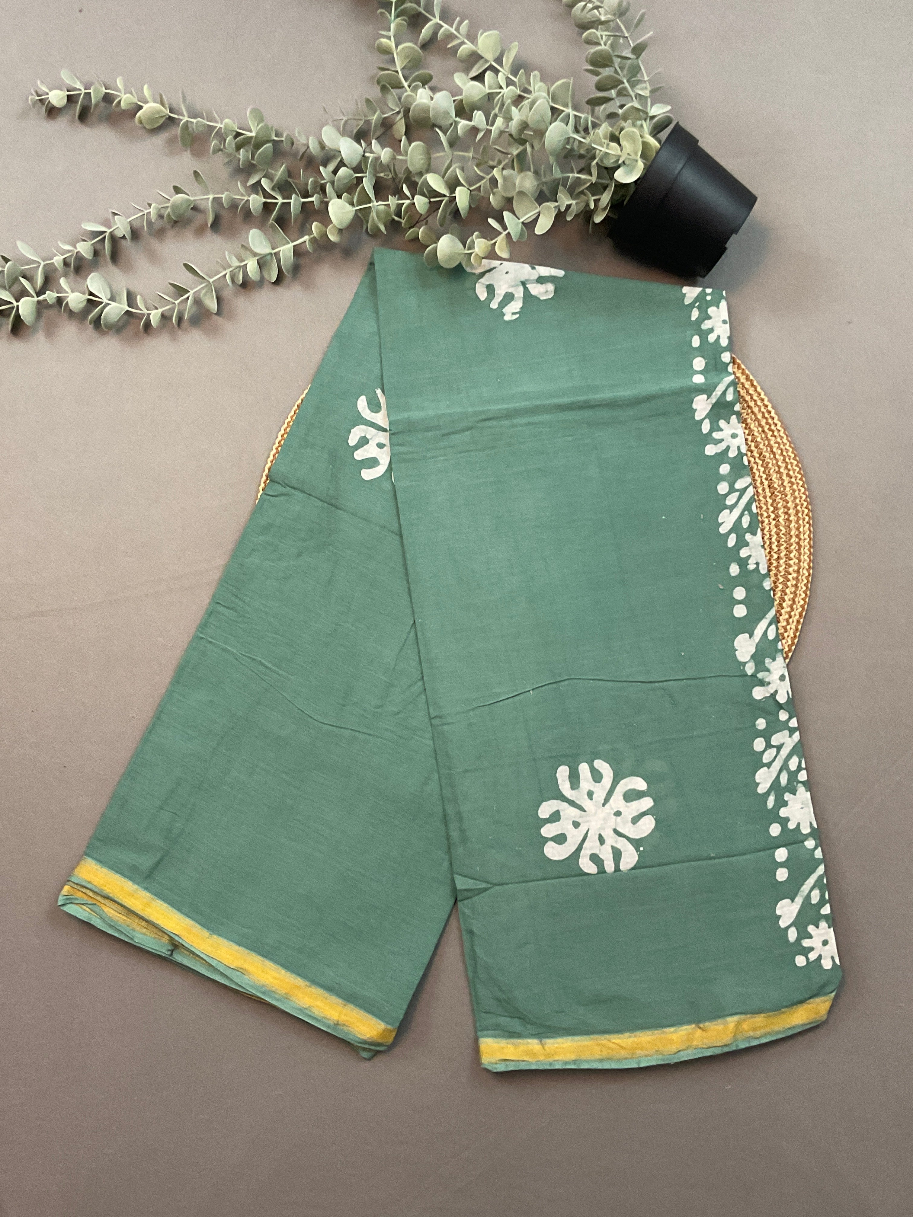 Dark Green Hand Batik Print Cotton Dress Material – Unstitched 3-Piece Suit