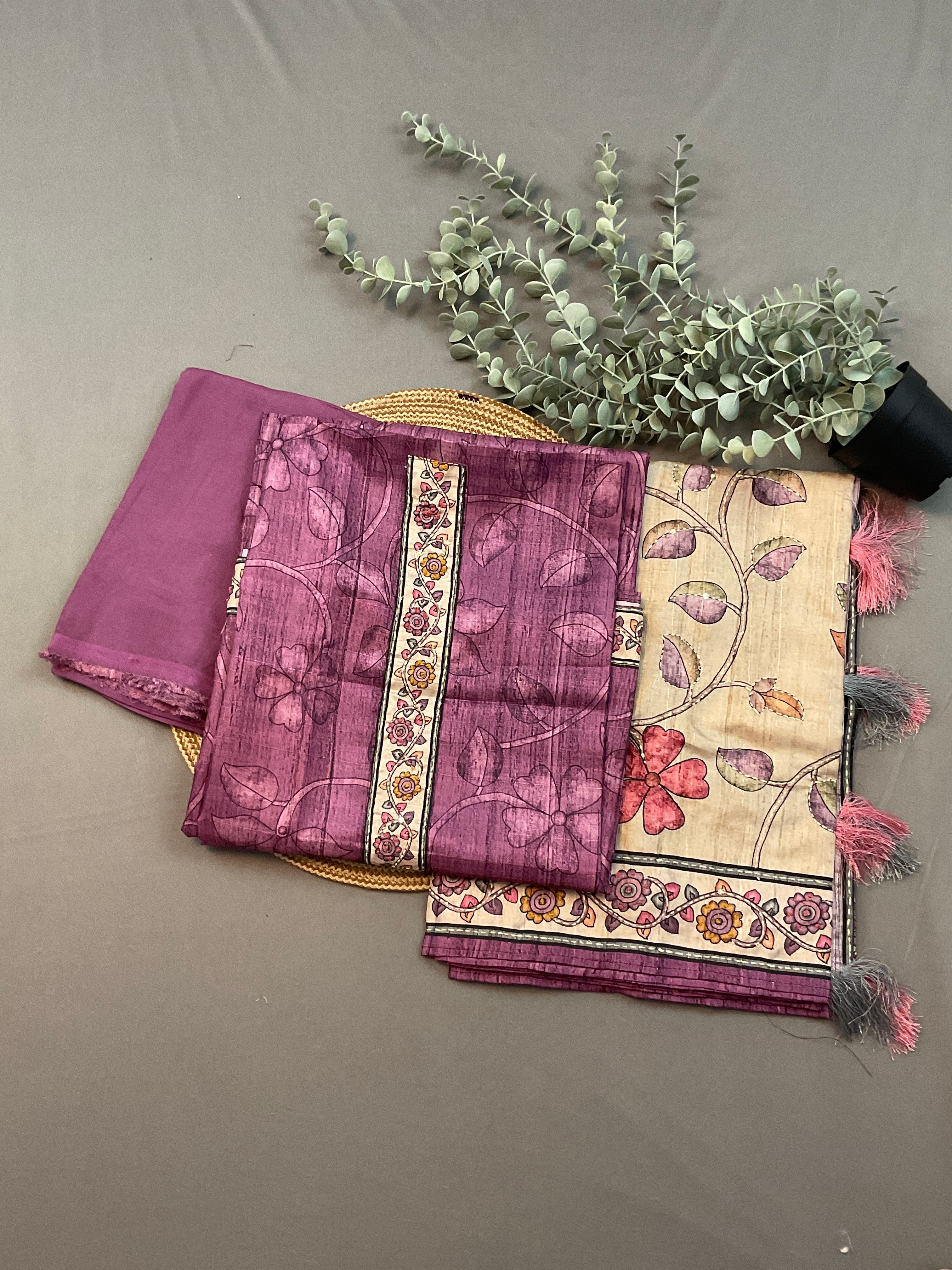 Purple Handloom Silk Dress Material with Kalamkari Dupatta & Kantha Work – Unstitched 3-Piece Suit