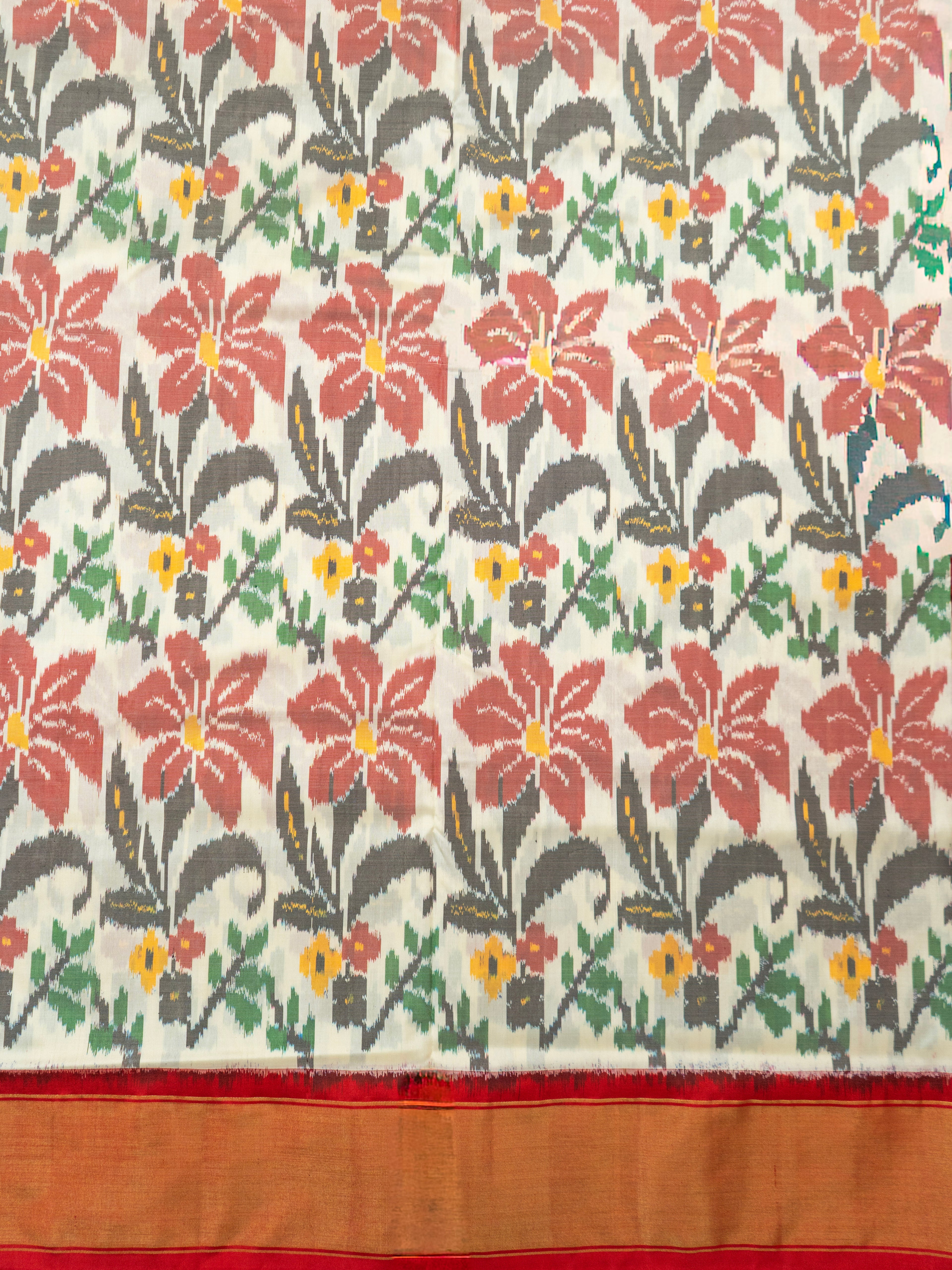 White Pochampally Floral Ikat Saree