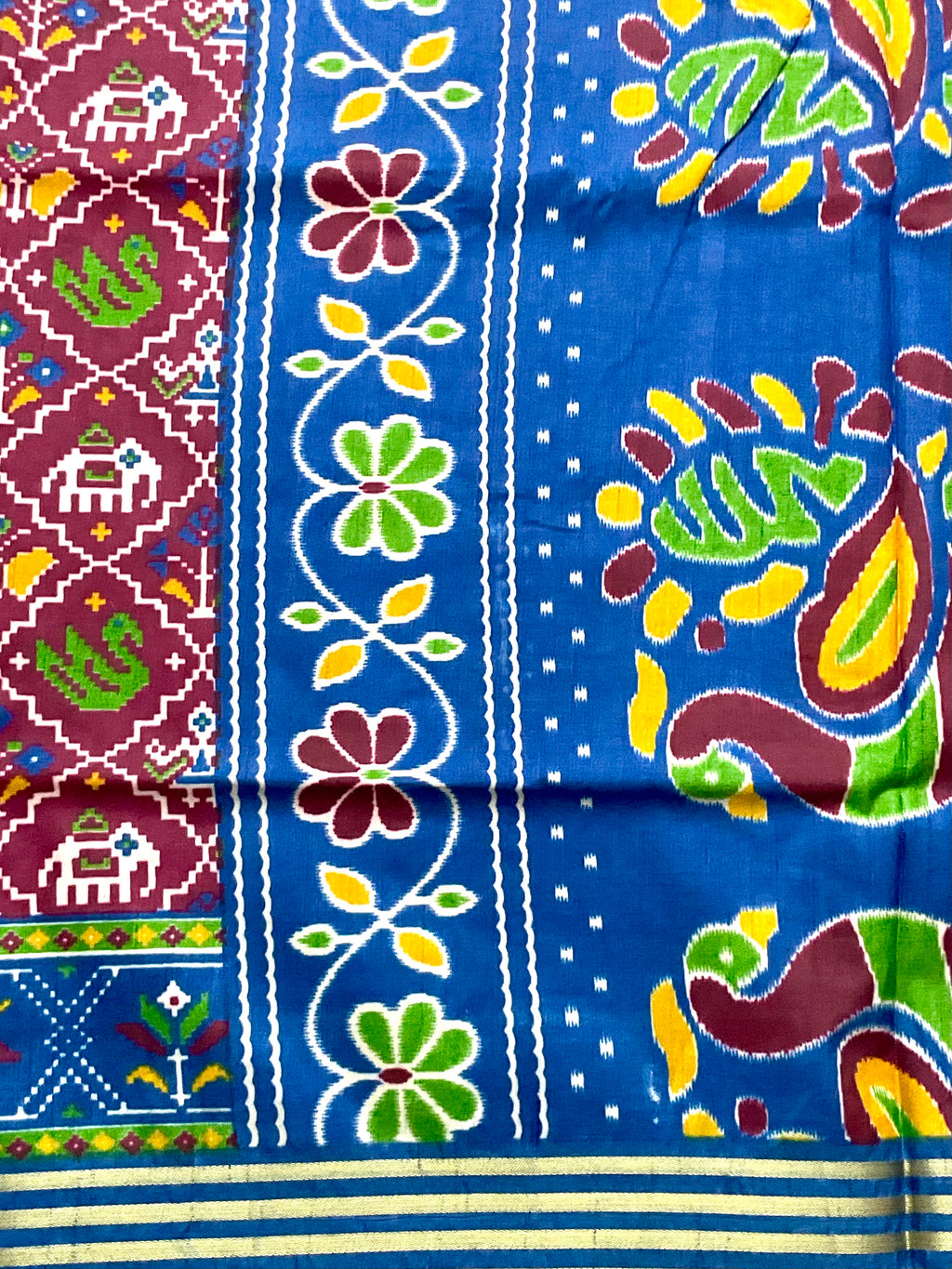 Pochampally Cotton Silk Ikkat Patola Print Saree in Maroon with Designer Blue Pallu
