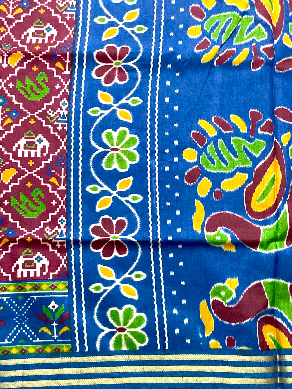Pochampally Cotton Silk Ikkat Patola Print Saree in Maroon with Designer Blue Pallu