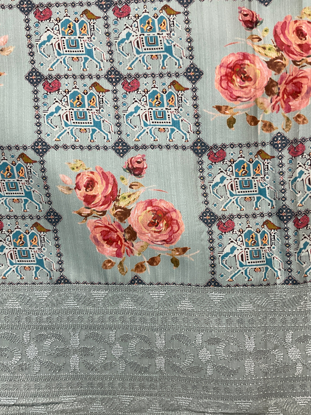 Sky Blue Printed Silk Saree with Floral Print and Computer Embroidery