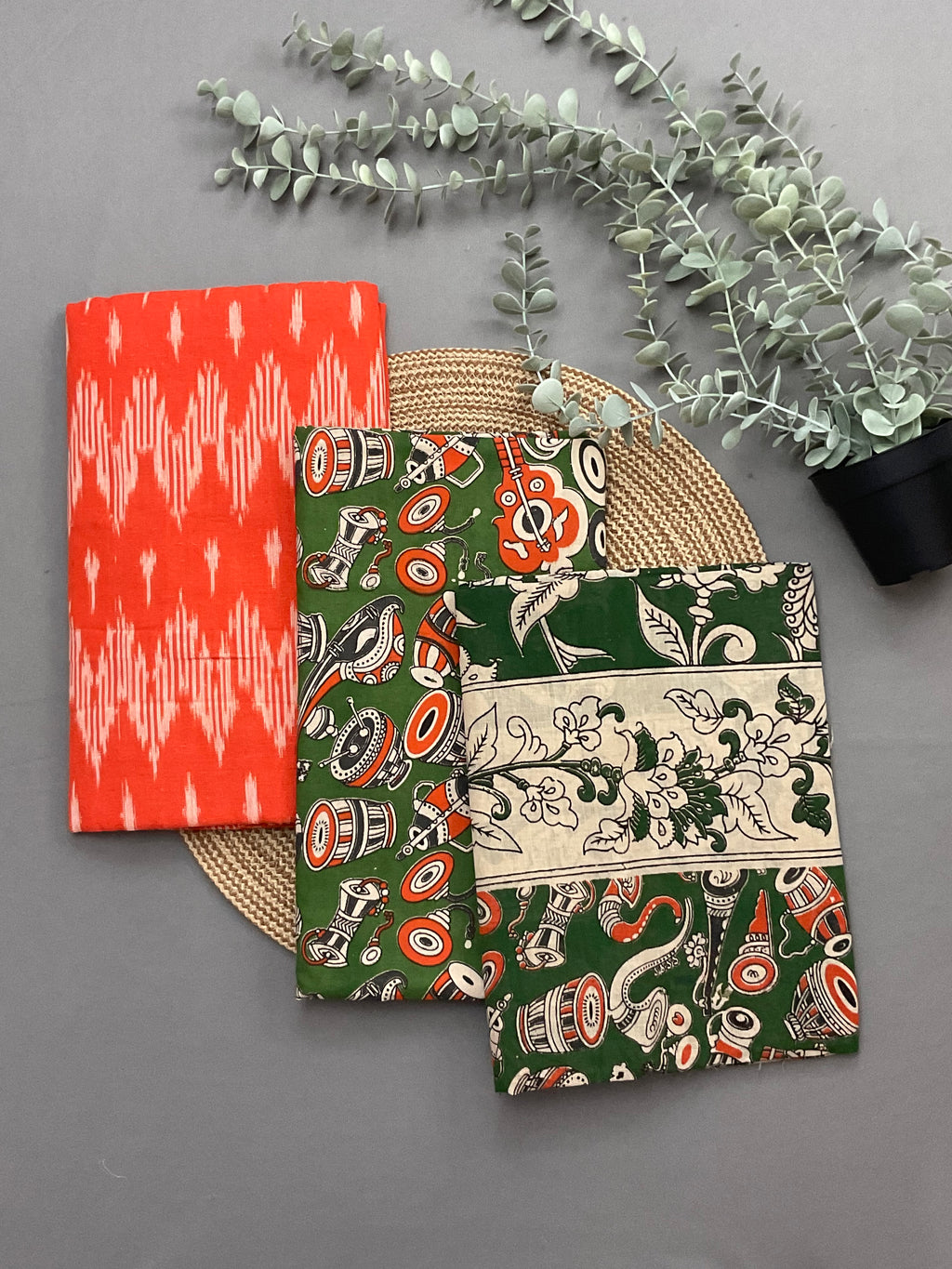 Orange Pochampally ikkat cotton dress material with green Kalamkari dupatta and bottom - full 3 piece set