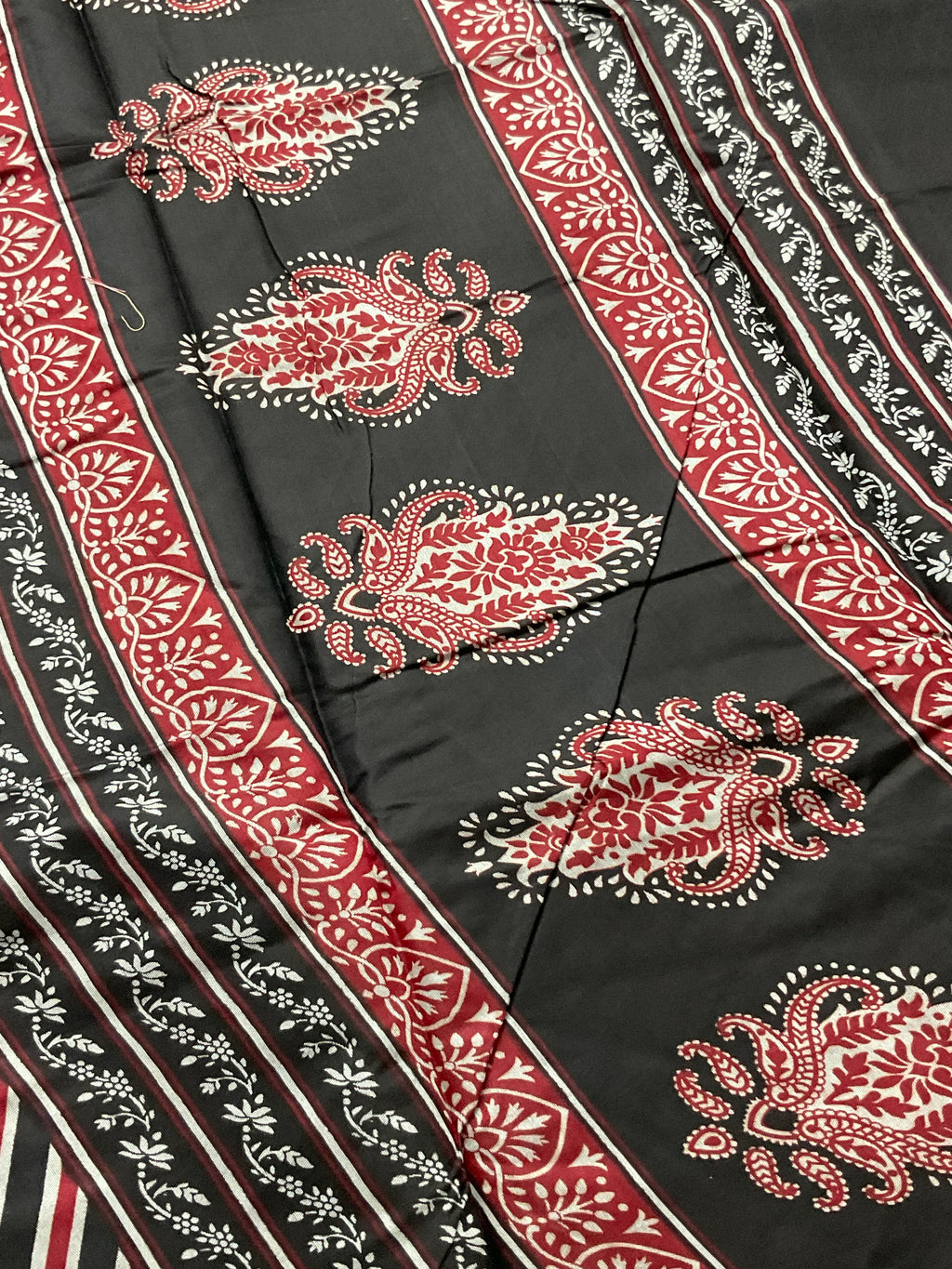 Kalamkari Leheriya Printed Soft Silk Saree in Black with Designer Pallu and Gold Border
