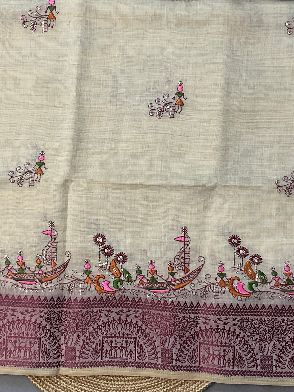 Kalamkari Hand Embroidery Cotton-Linen Saree – Off-White with Maroon Vareli Embroidery & Blouse