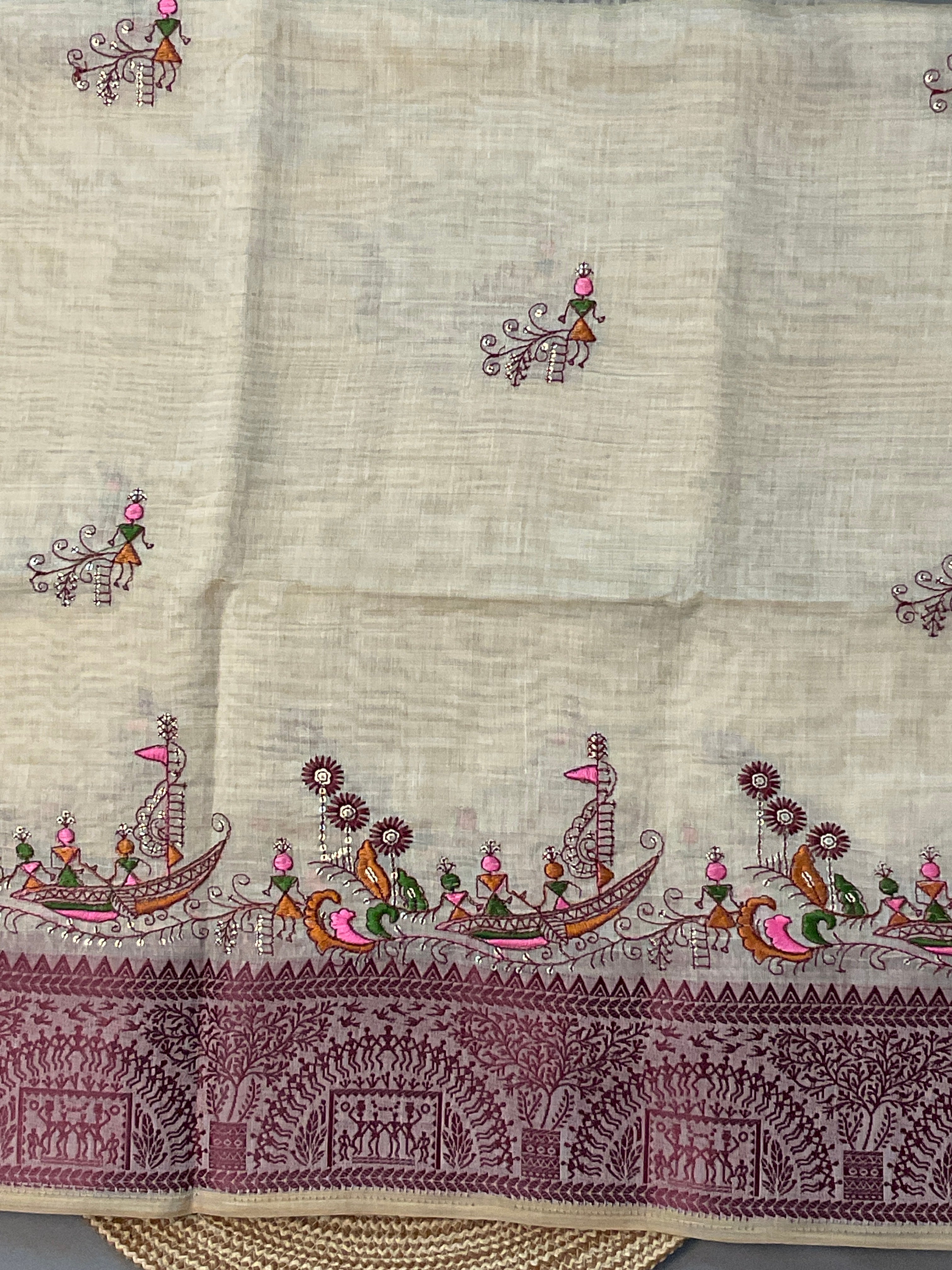 Kalamkari Hand Embroidery Cotton-Linen Saree – Off-White with Maroon Vareli Embroidery & Blouse