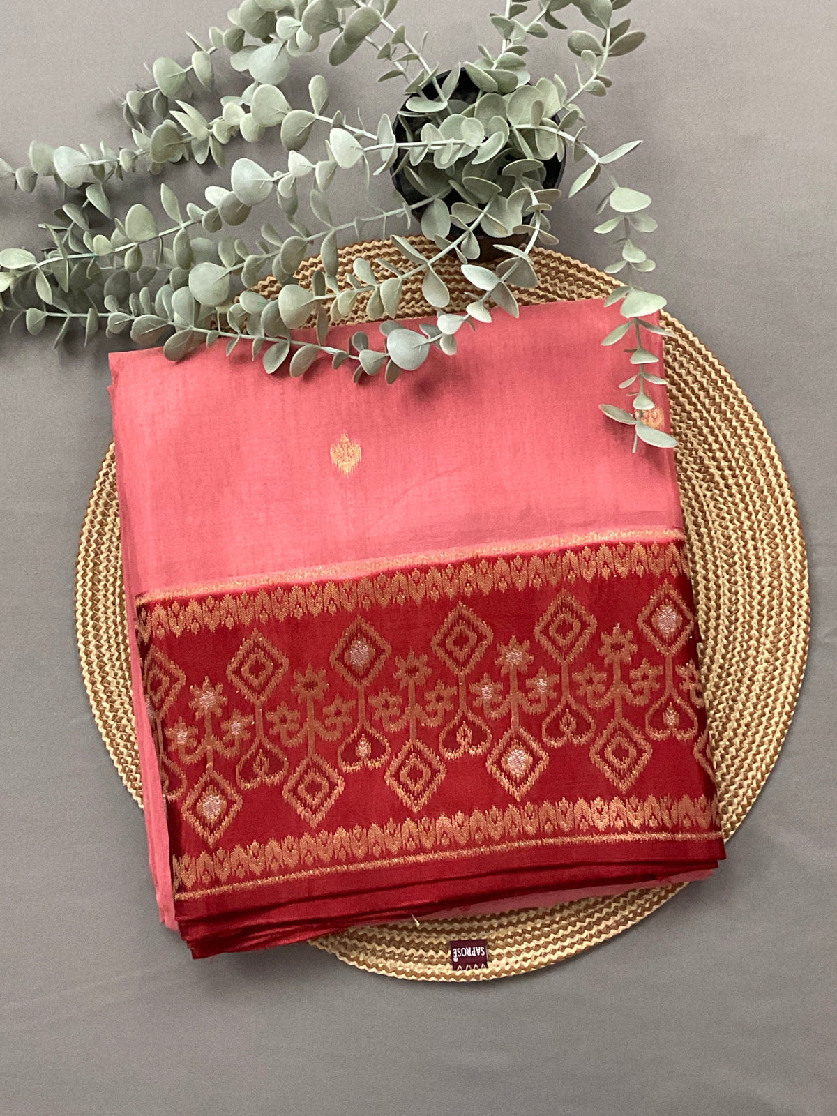 Pink Banarasi Handloom Silk Saree with Ikat Border — Maroon Contrast Pallu & Designer Blouse
