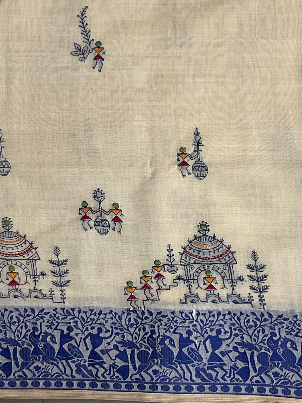 Kalamkari Hand Embroidery Cotton-Linen Saree – Off-White with Royal Blue Vareli Embroidery & Blouse
