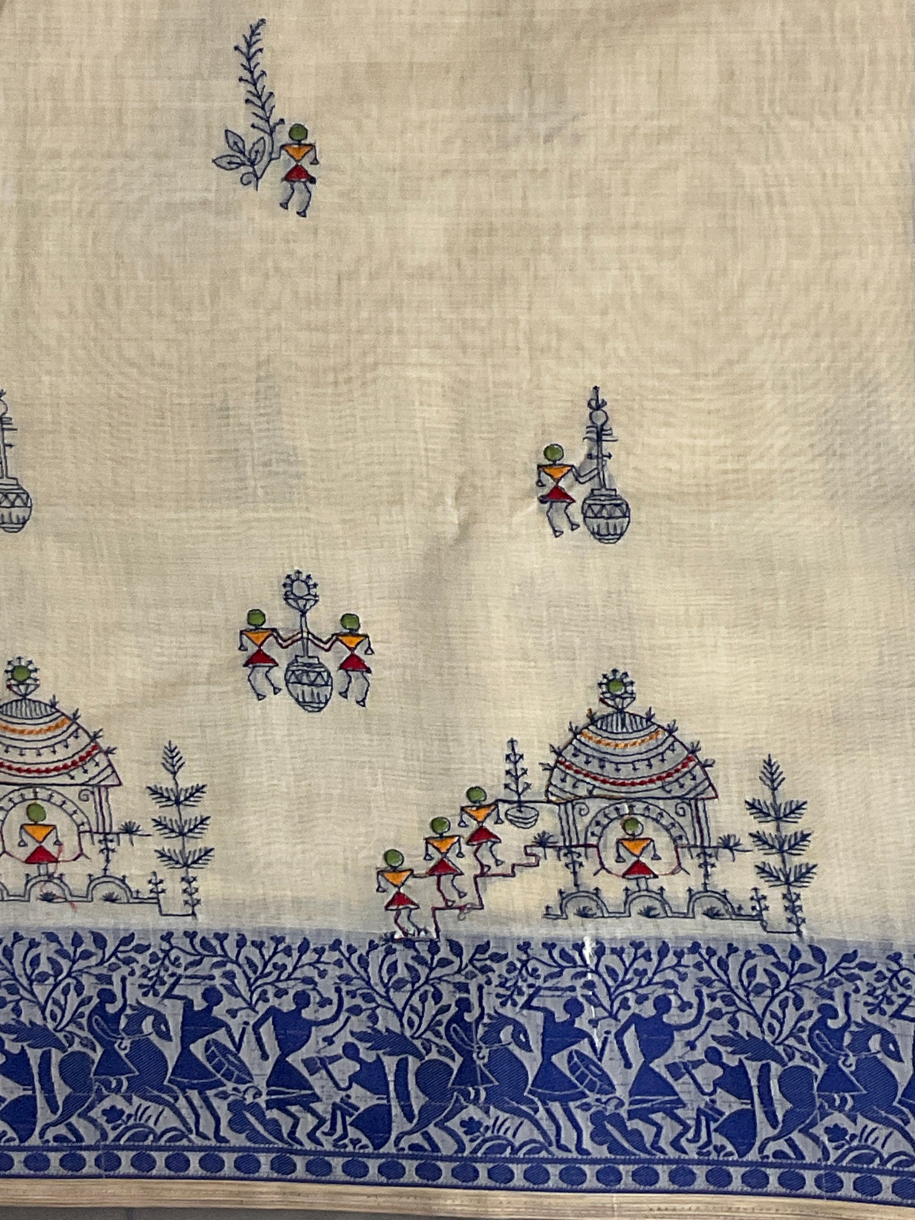 Kalamkari Hand Embroidery Cotton-Linen Saree – Off-White with Royal Blue Vareli Embroidery & Blouse