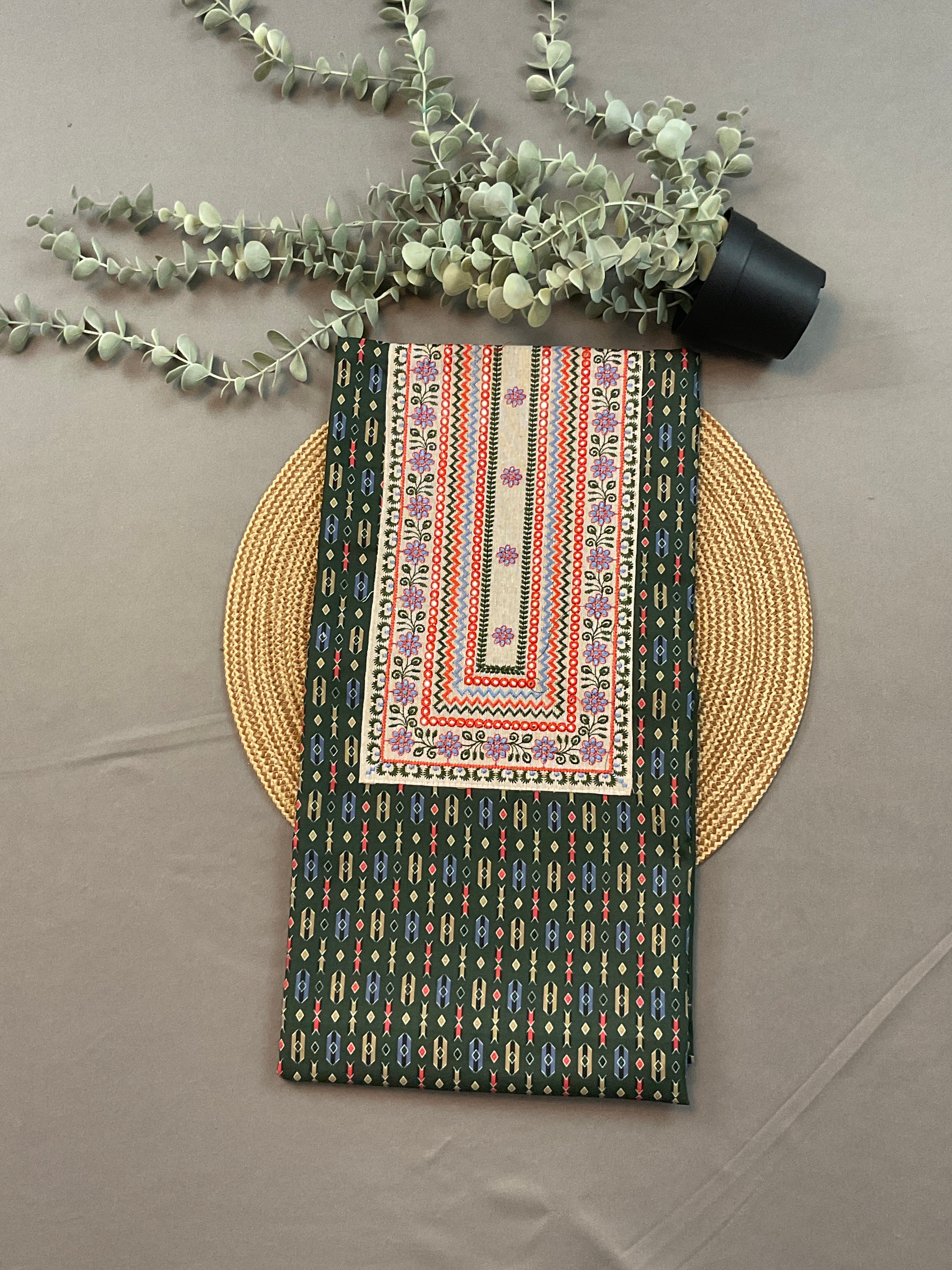 Green & White Pochampally Cotton Dress Material with Hand-Block Georgette Dupatta – Unstitched 3-Piece Suit