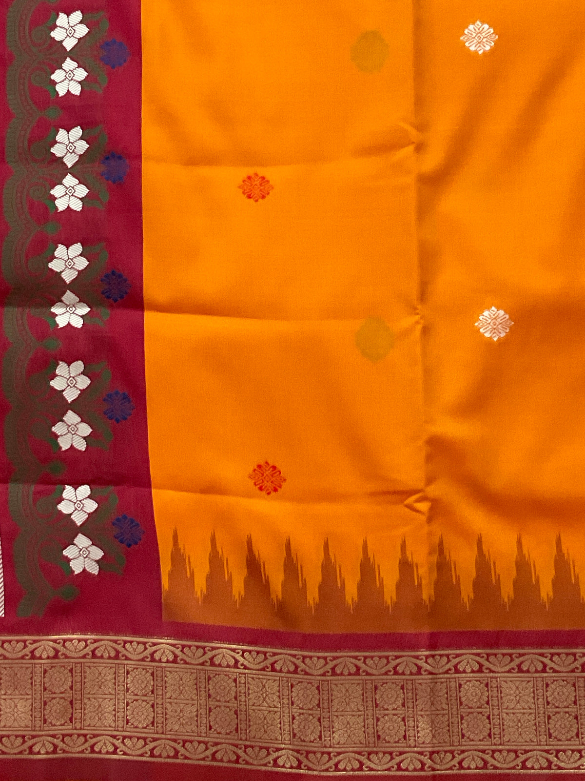 Vibrant Orange Jamdani Silk Saree with Golden Temple Border and Tassels
