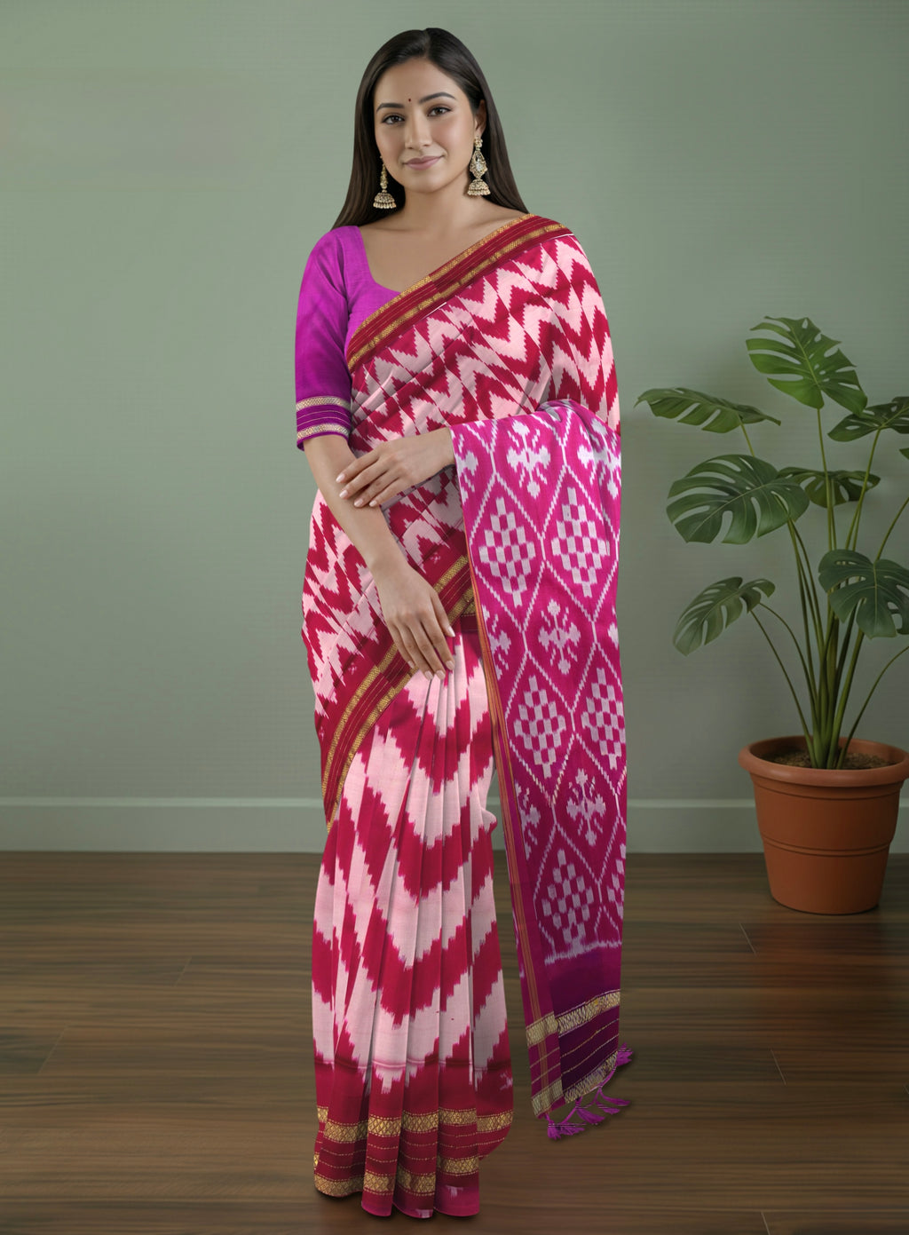 Pure Pochampally Double Ikat Silk Saree in Pink with Ikat Pallu, Golden Zari & Plain Blouse