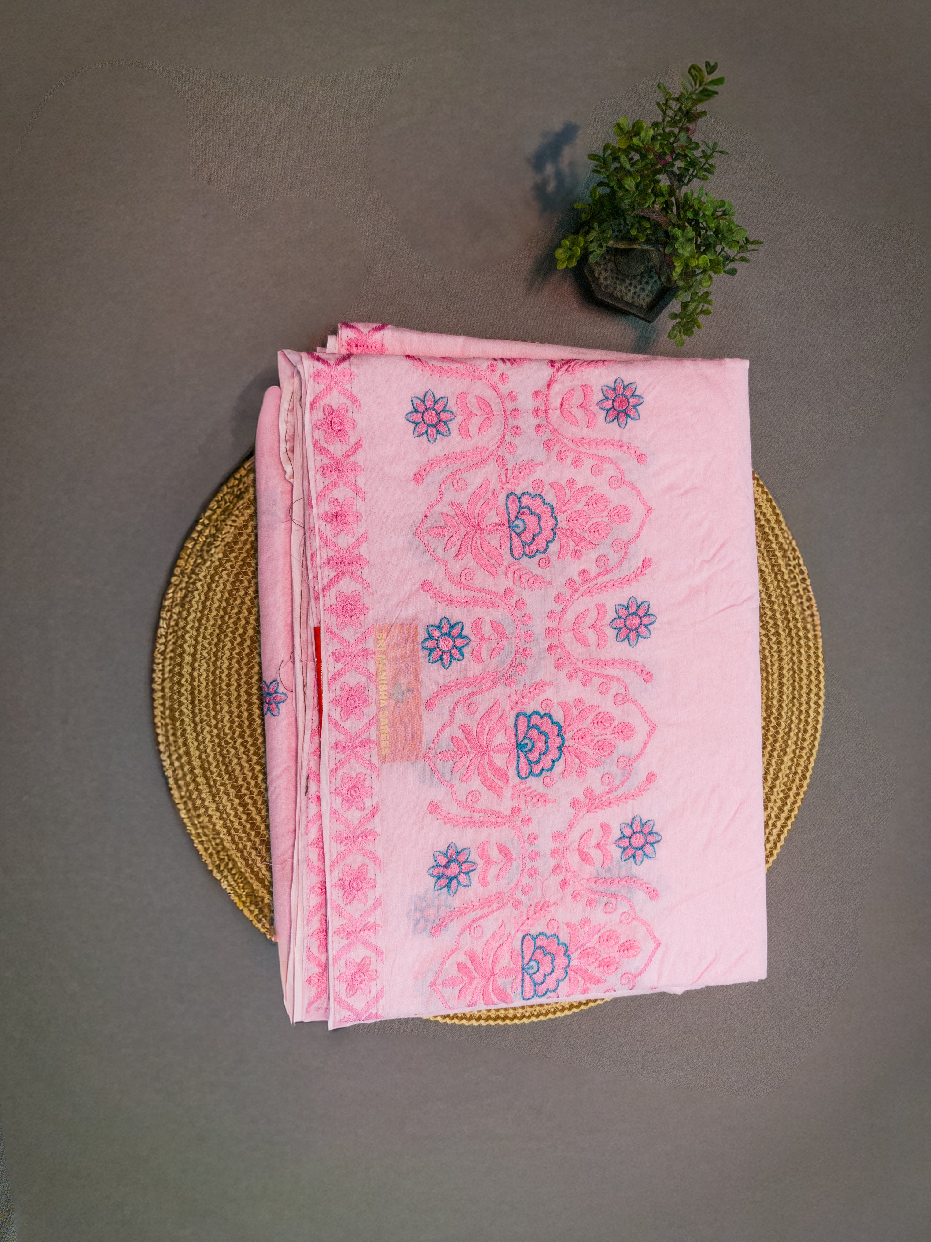 Pink Hand-Embroidered Mul Cotton Saree