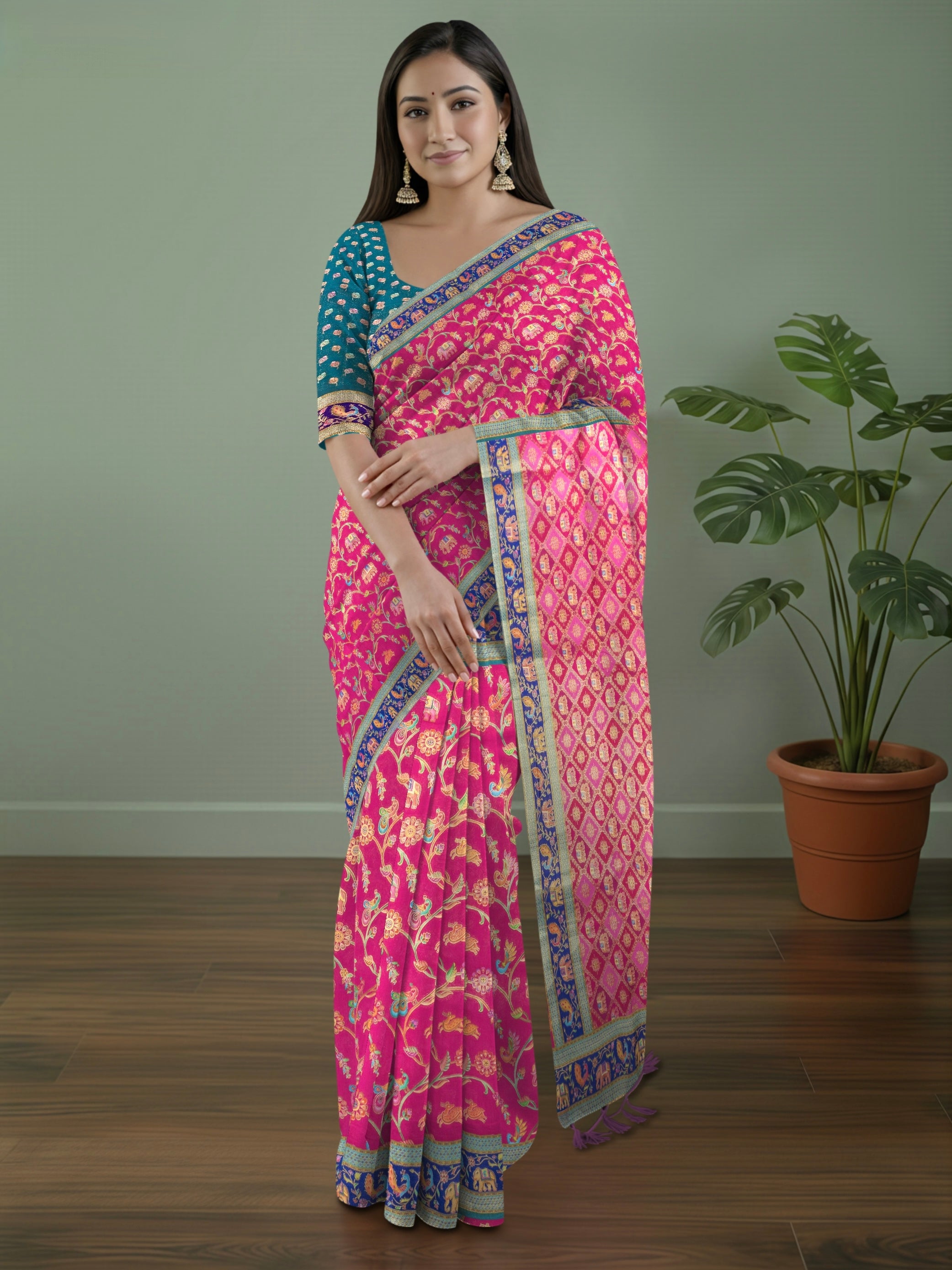 Pure Rajwada Silk Saree in Baby Pink with Elephant Weaving & Sea Green Blouse