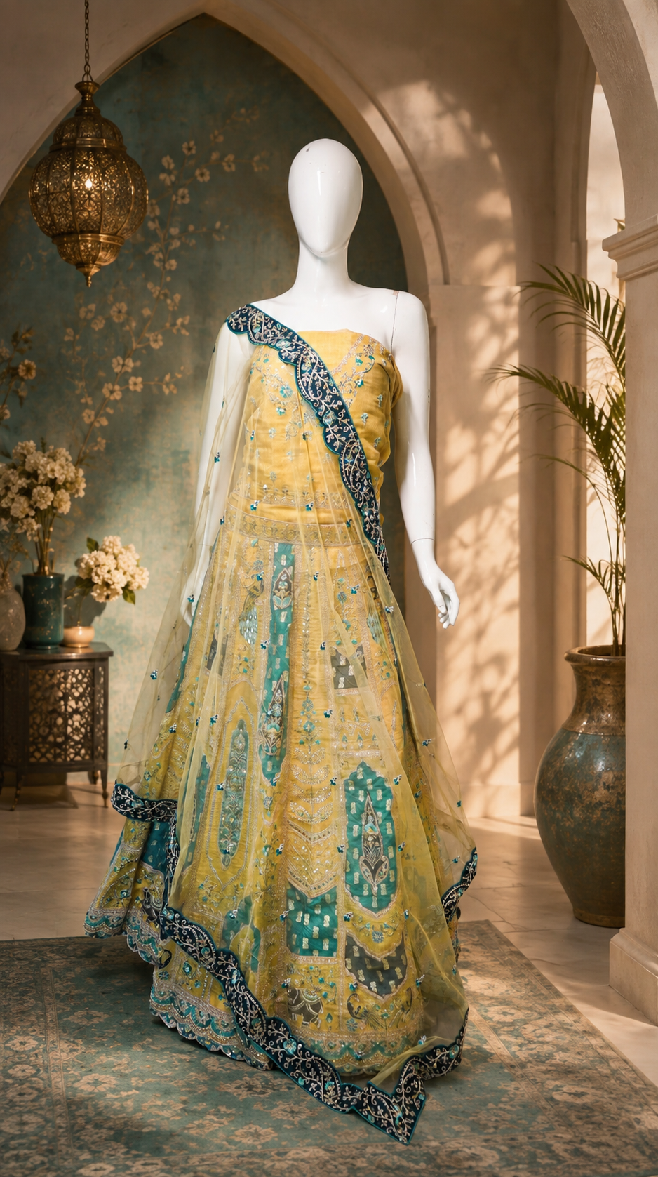 Sunshine Yellow Handloom Silk Lehenga with Blue Mirror Work – Haldi & Mehendi Wear