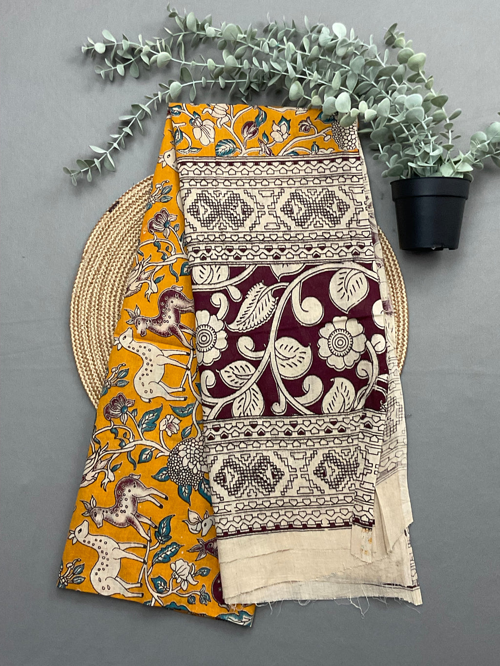 Mustard Kalamkari printed dupatta for sky blue ikkat dress material