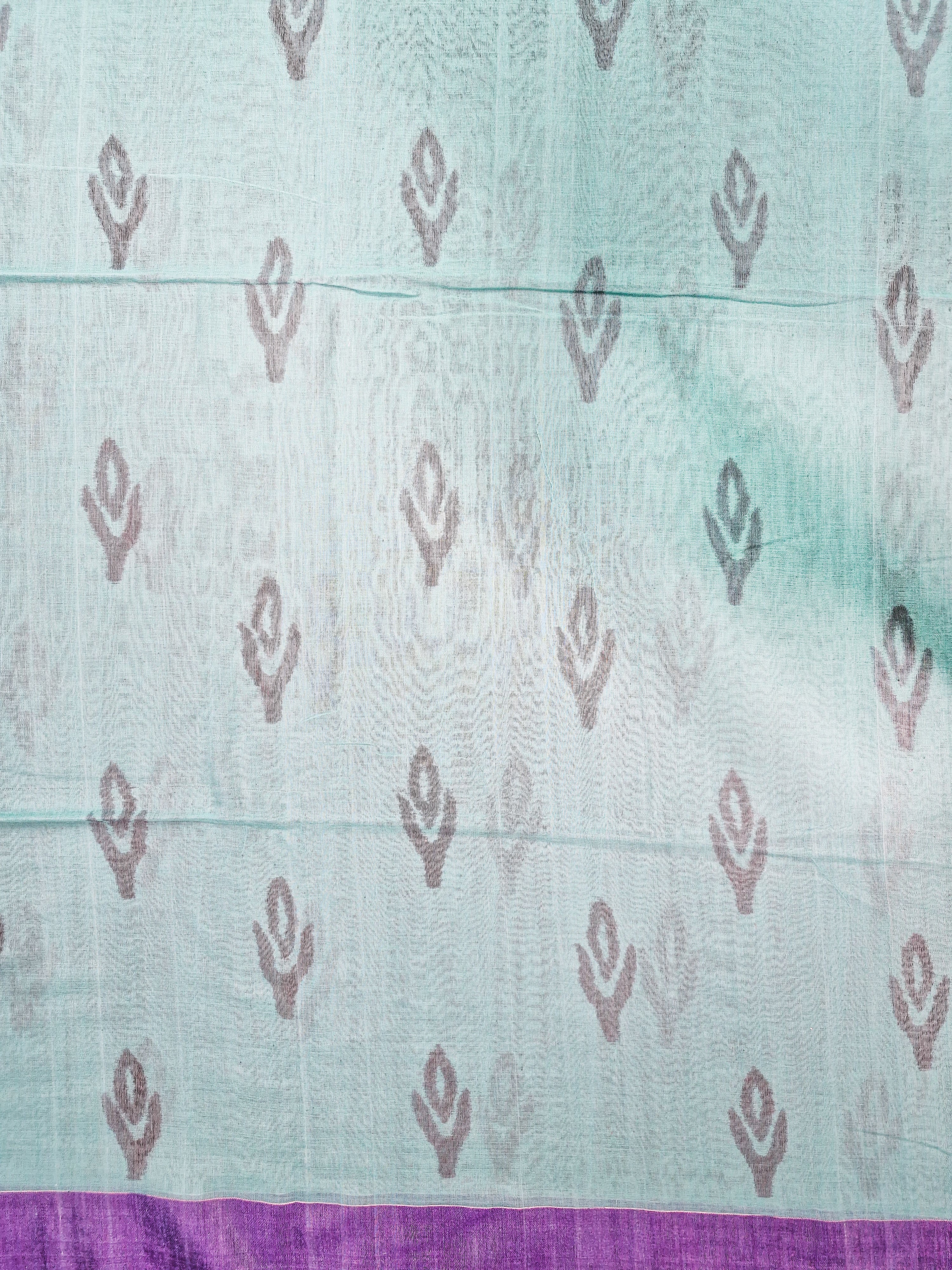 Grey & Teal Handloom Ikat Cotton Saree with Pink Floral Motifs