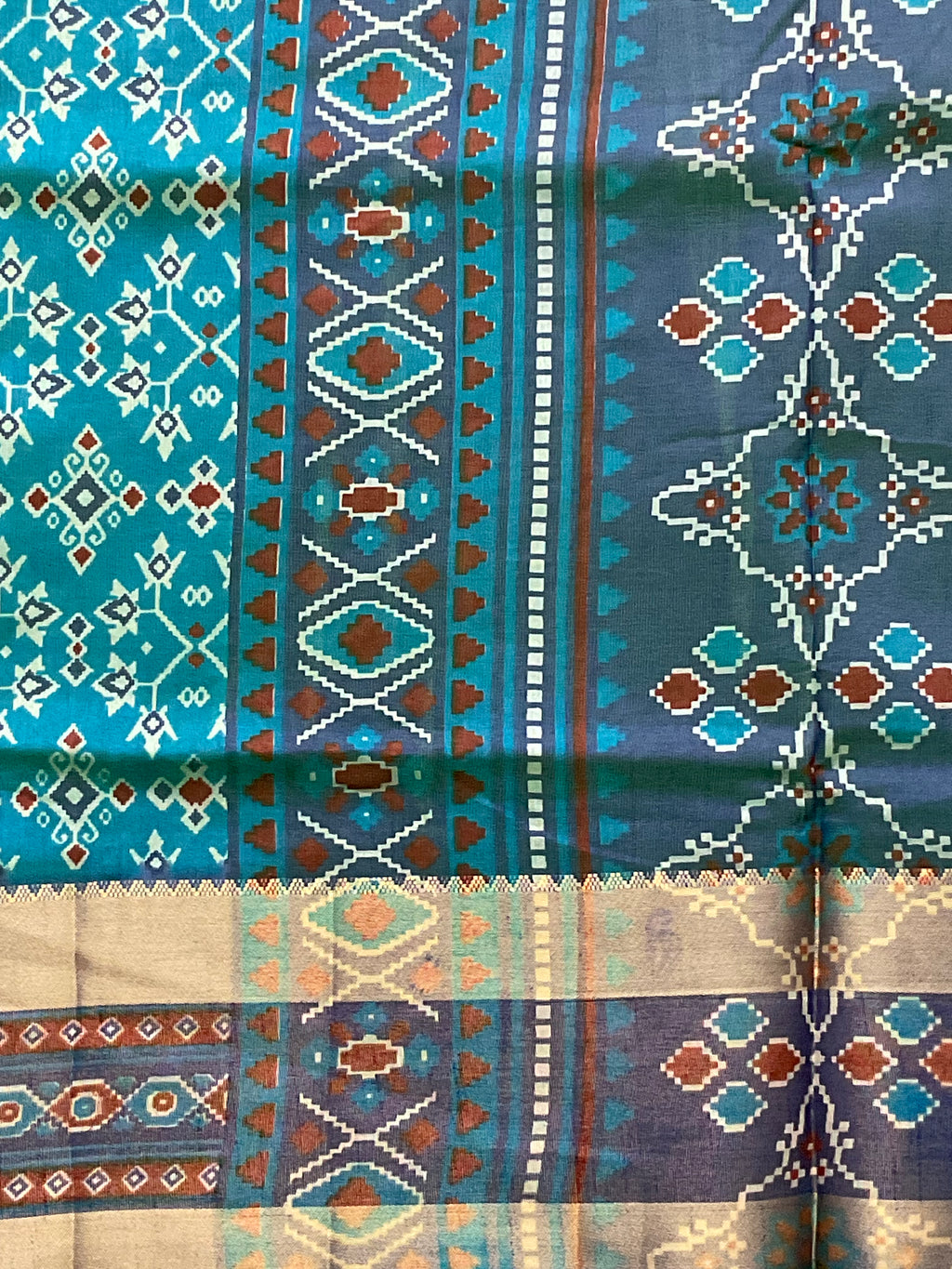 Pochampally Cotton Silk Ikkat Patola Print Saree in Ferozi Blue with Dark Blue Designer Pallu