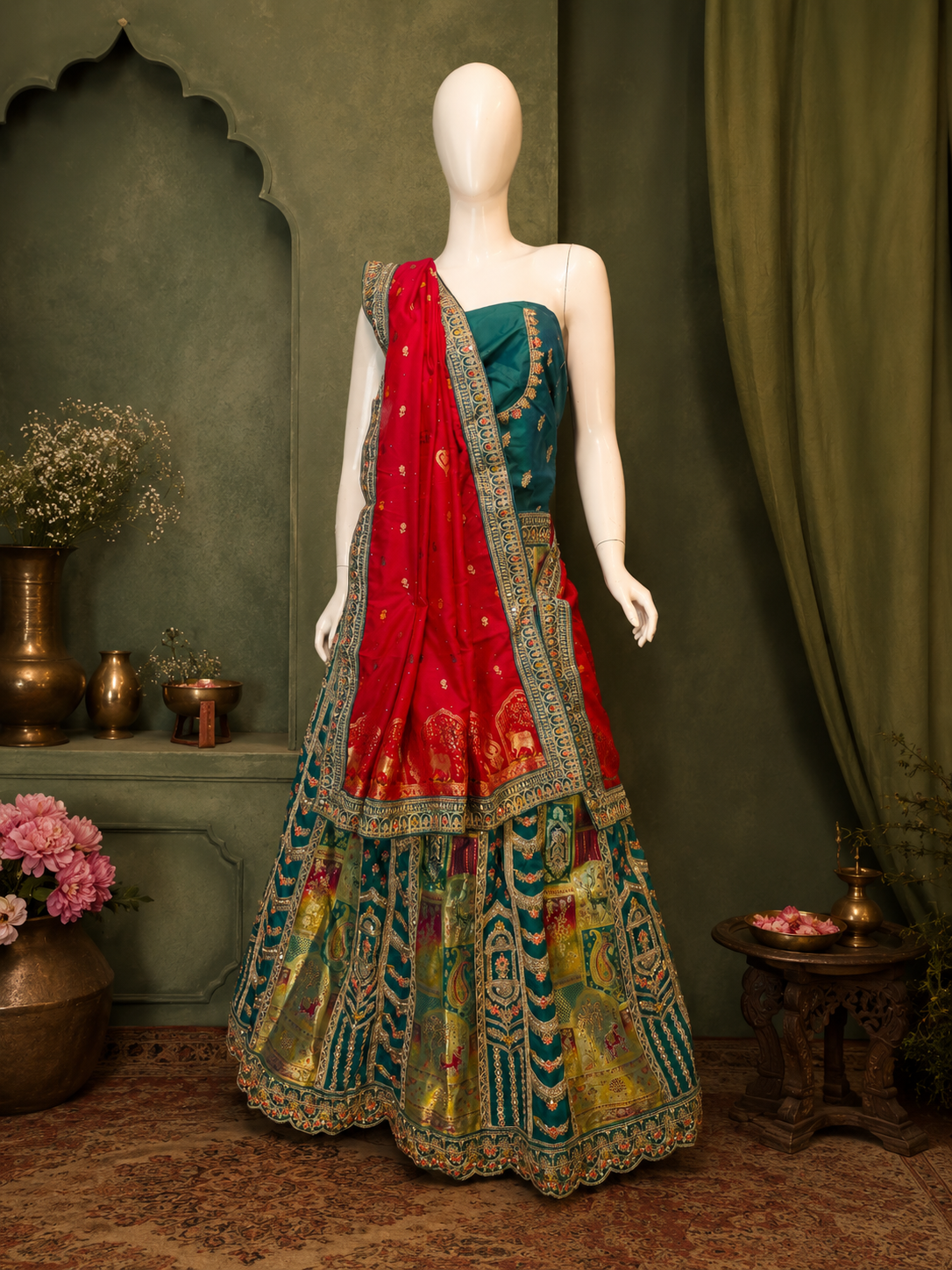 Emerald Green Handloom Banarasi Silk Lehenga with Contrast Red Silk Dupatta