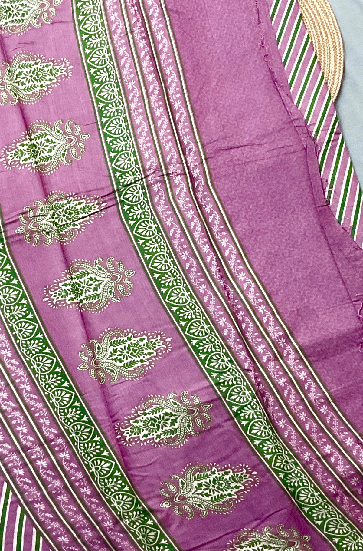 Kalamkari Leheriya Printed Soft Silk Saree in Lavender with Designer Pallu and Gold Border