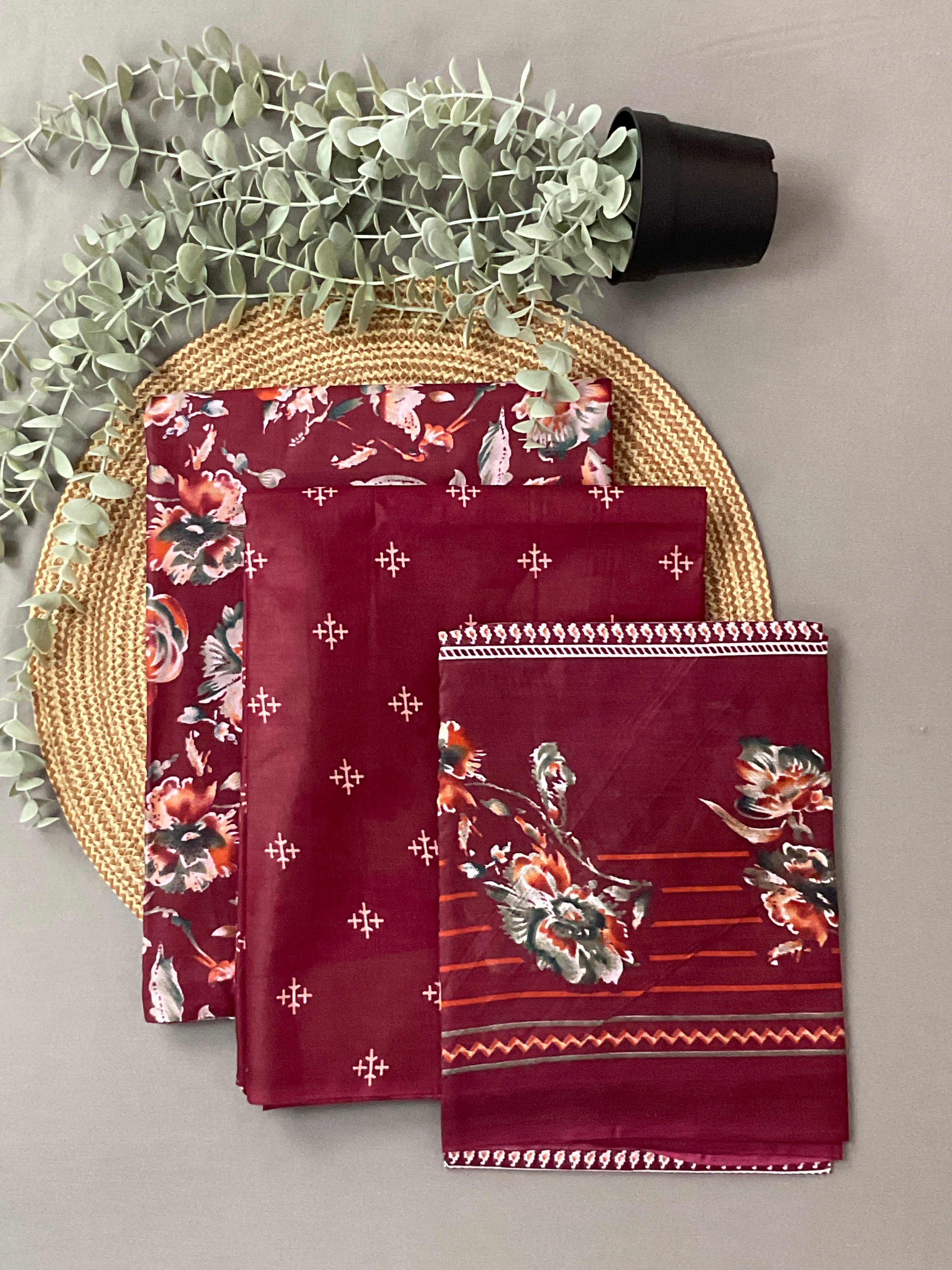 Wine Maroon Block Print Cotton Dress Material