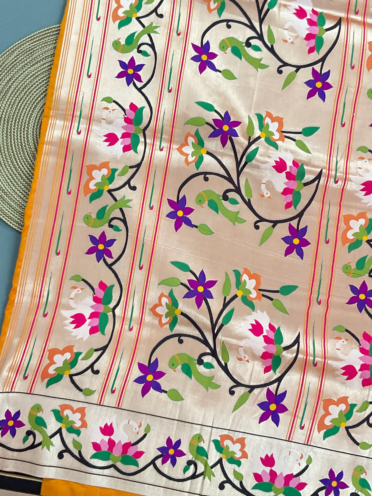 Orange Paithani saree gold zari pallu close-up