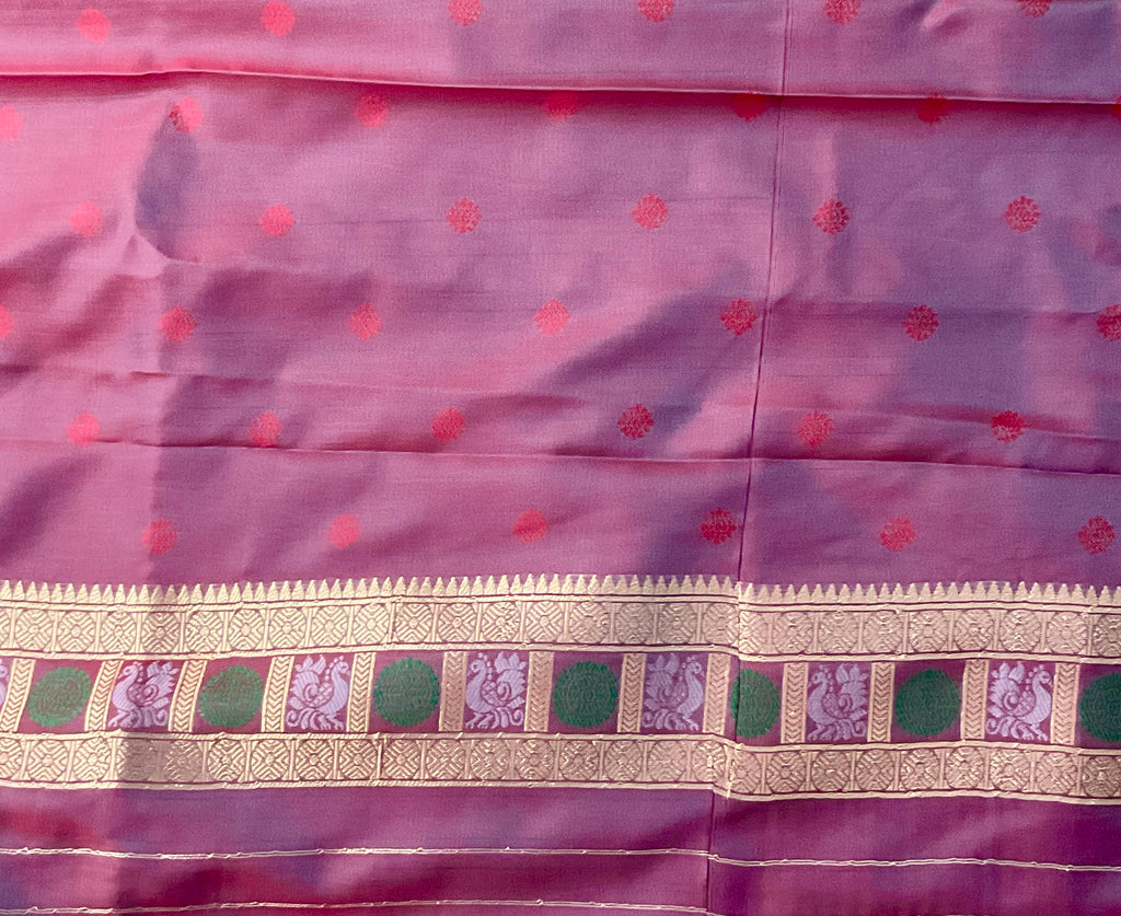 Vibrant Green Jamdani Silk Saree with Temple Border and Magenta Pallu