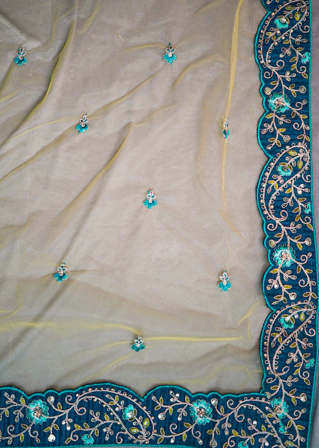 Sunshine Yellow Handloom Silk Lehenga with Blue Mirror Work – Haldi & Mehendi Wear