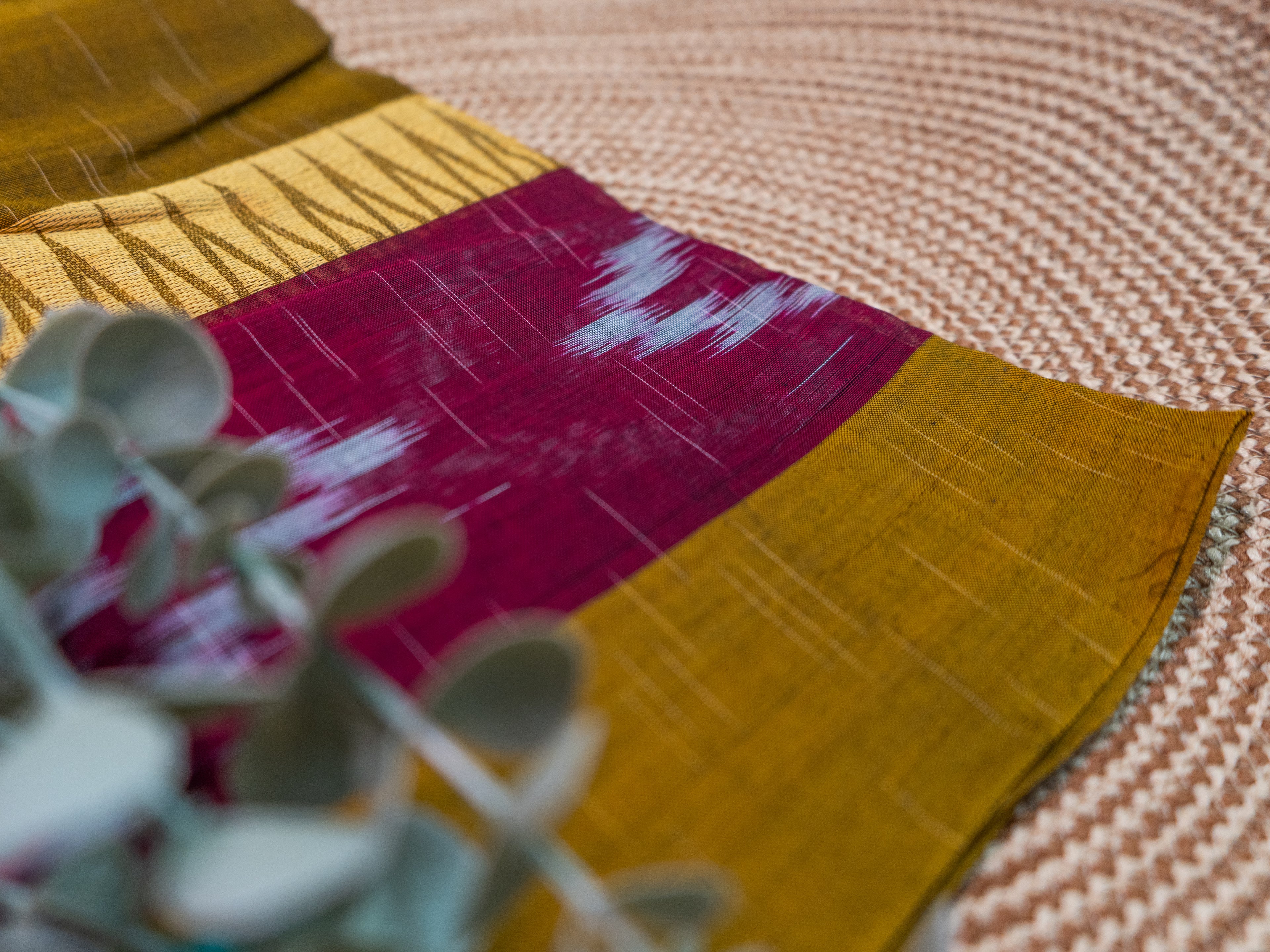 Mustard Pochampally Ikat Cotton Saree with Magenta Pallu
