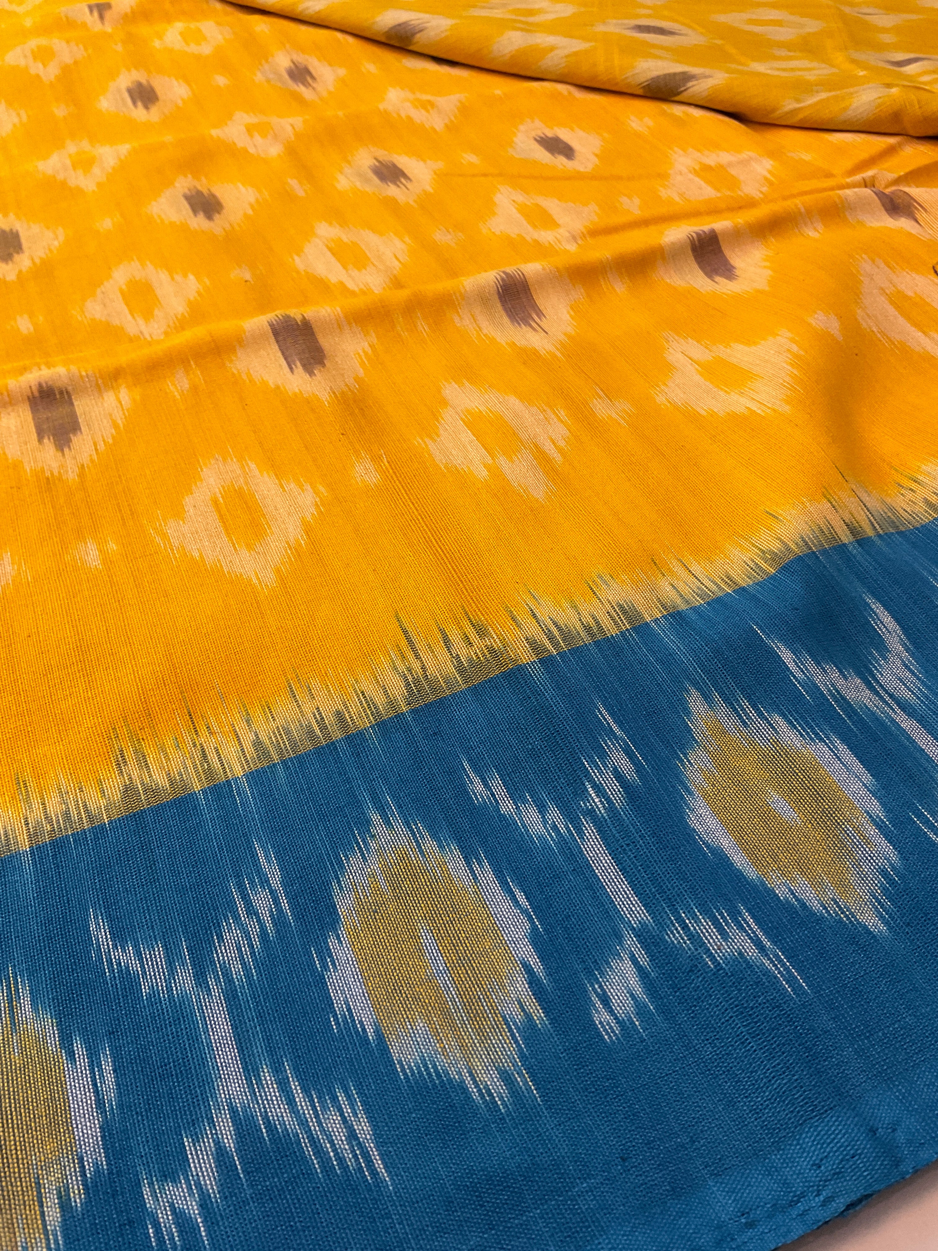 Yellow & Blue Pochampally Ikat Handloom Cotton Saree with Contrast Pallu – Without Blouse