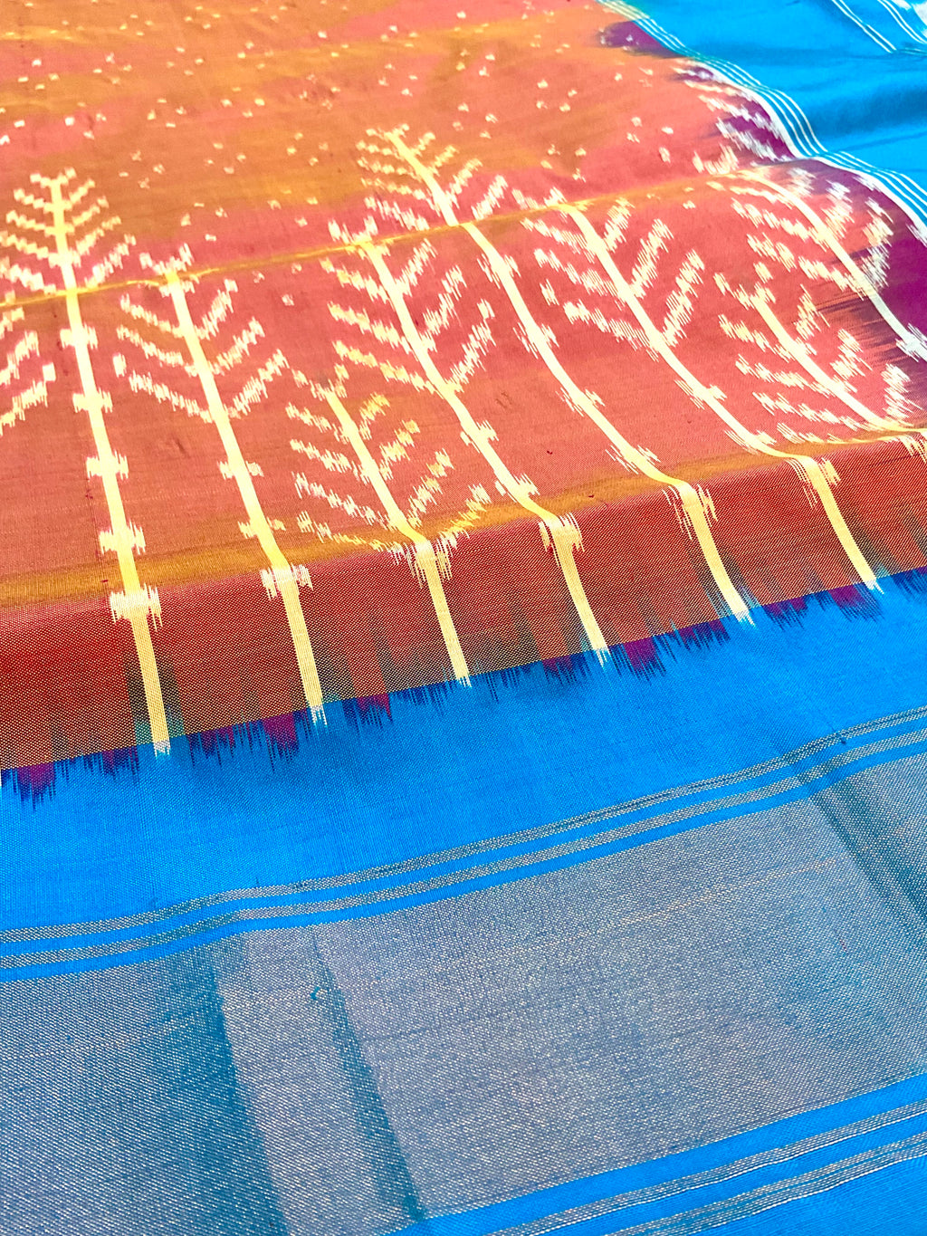 Peach Pink Pochampally Zari Silk Saree with Contrast Sky Blue Pallu & Plain Blouse