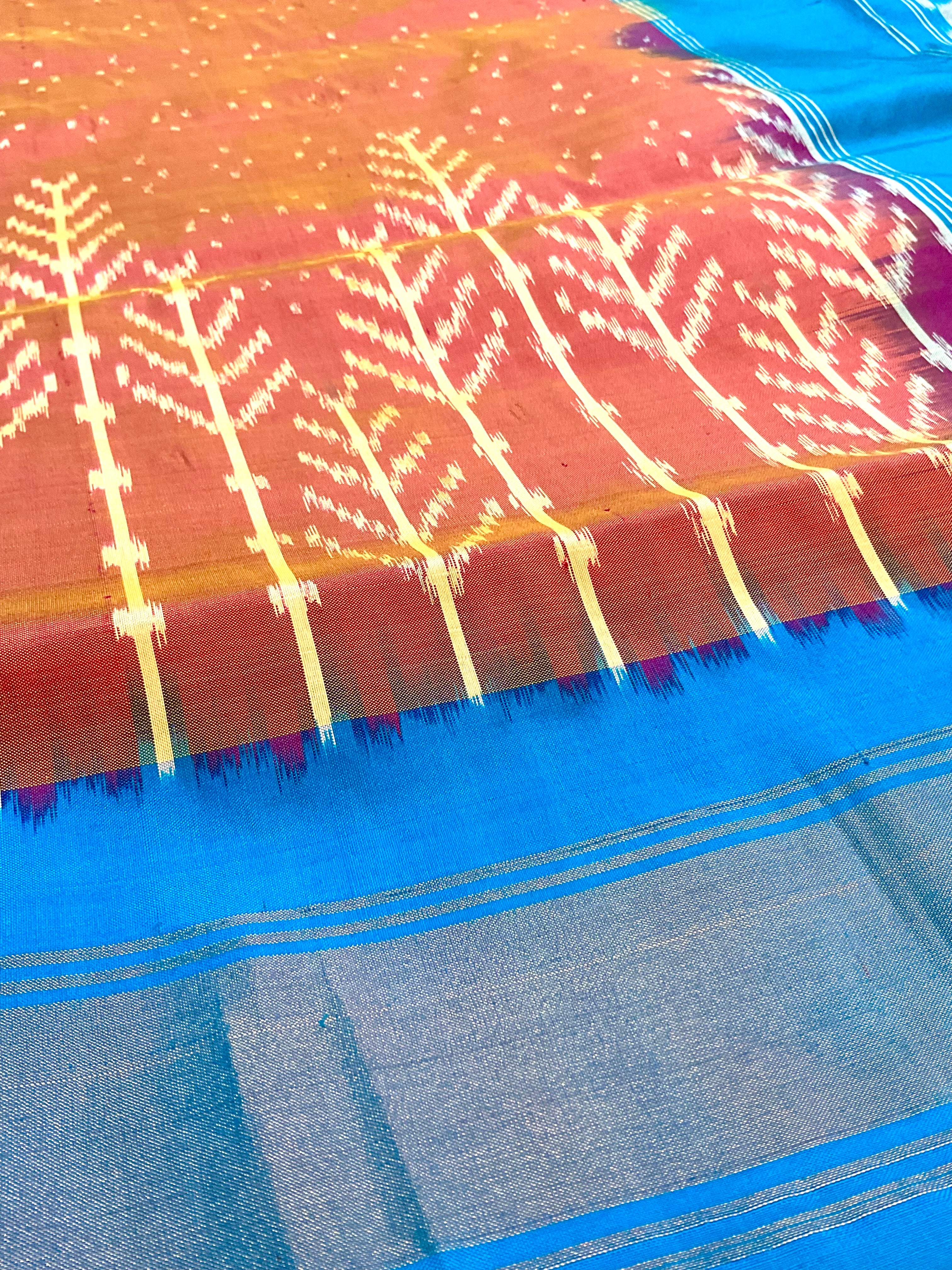 Peach Pink Pochampally Zari Silk Saree with Contrast Sky Blue Pallu & Plain Blouse