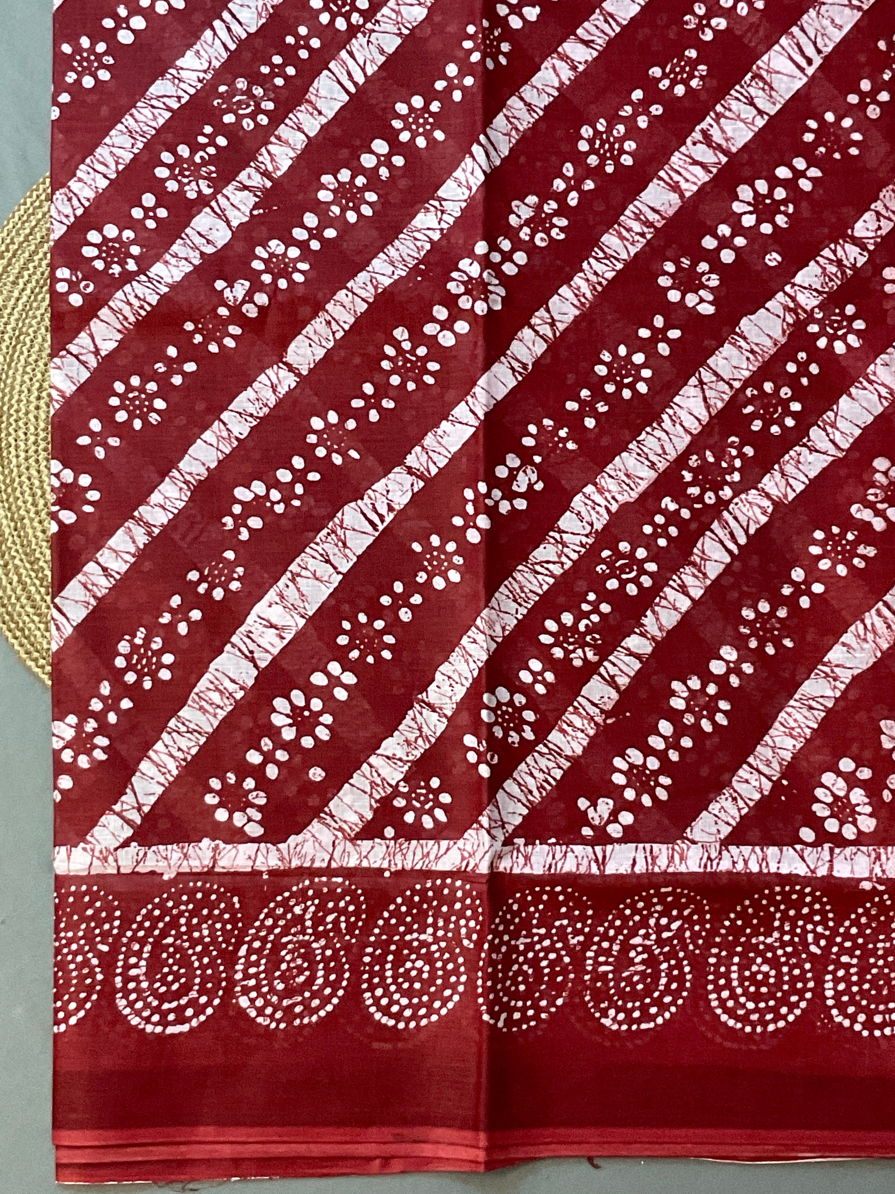 Red Ikat Floral Printed Cotton Saree with Blouse