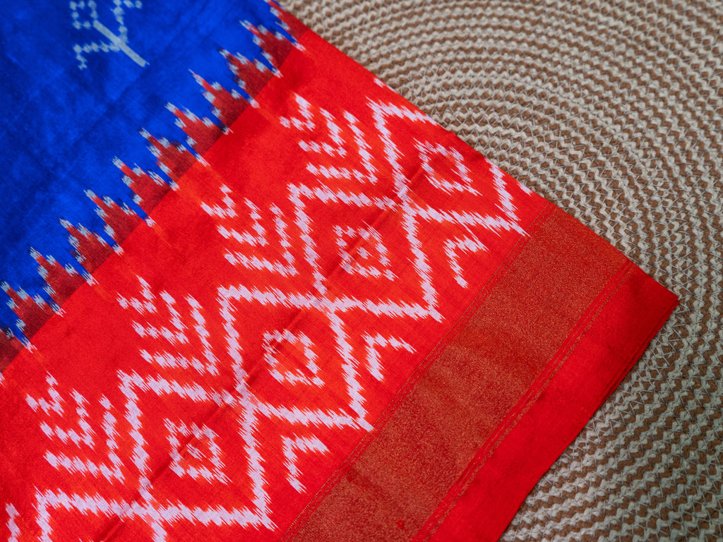 Royal Blue Pochampally Double Ikat Pure Silk Saree — Red Ikat Border & Pallu, Red Zari Blouse