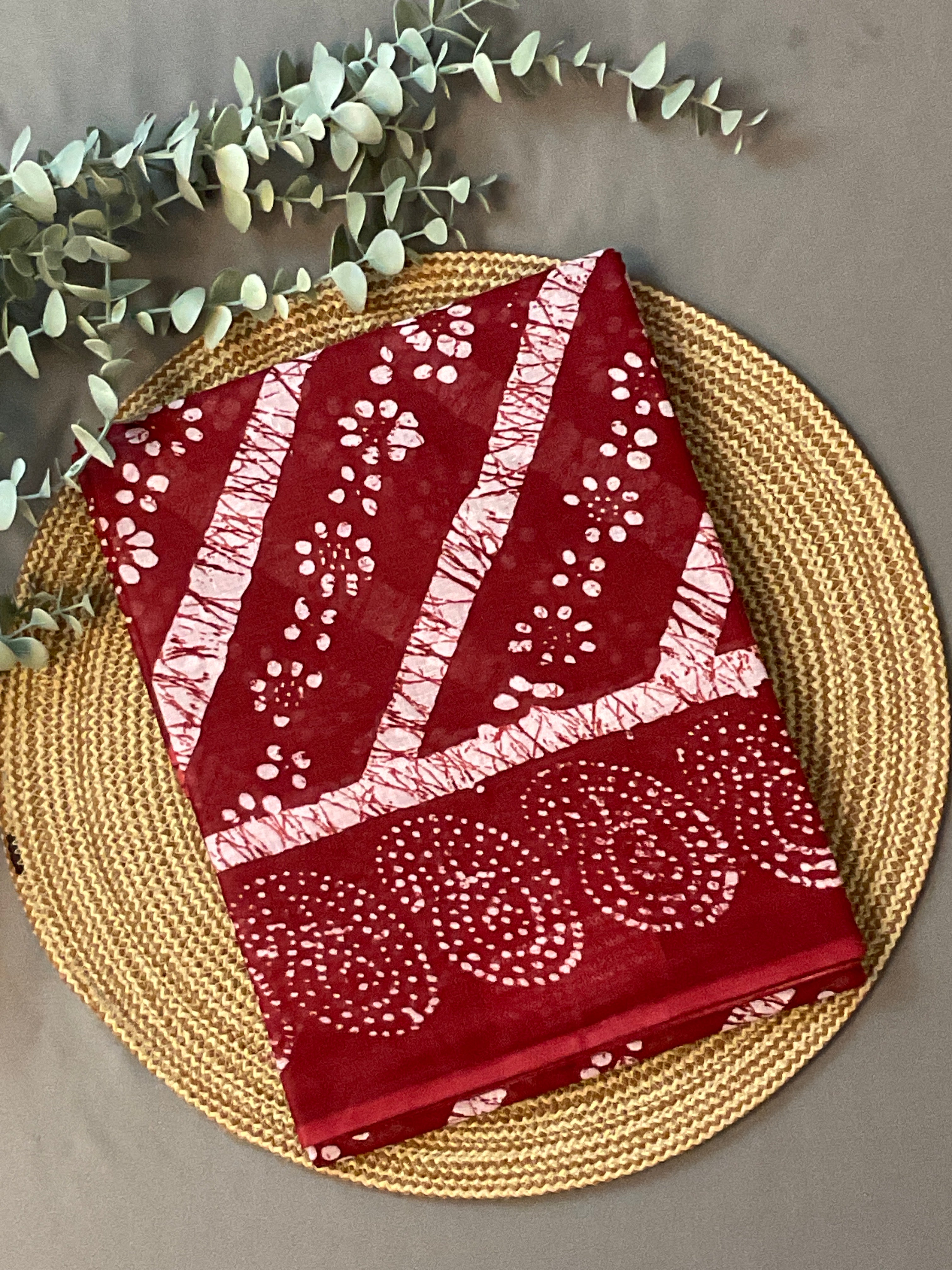 Red Ikat Floral Printed Cotton Saree with Blouse