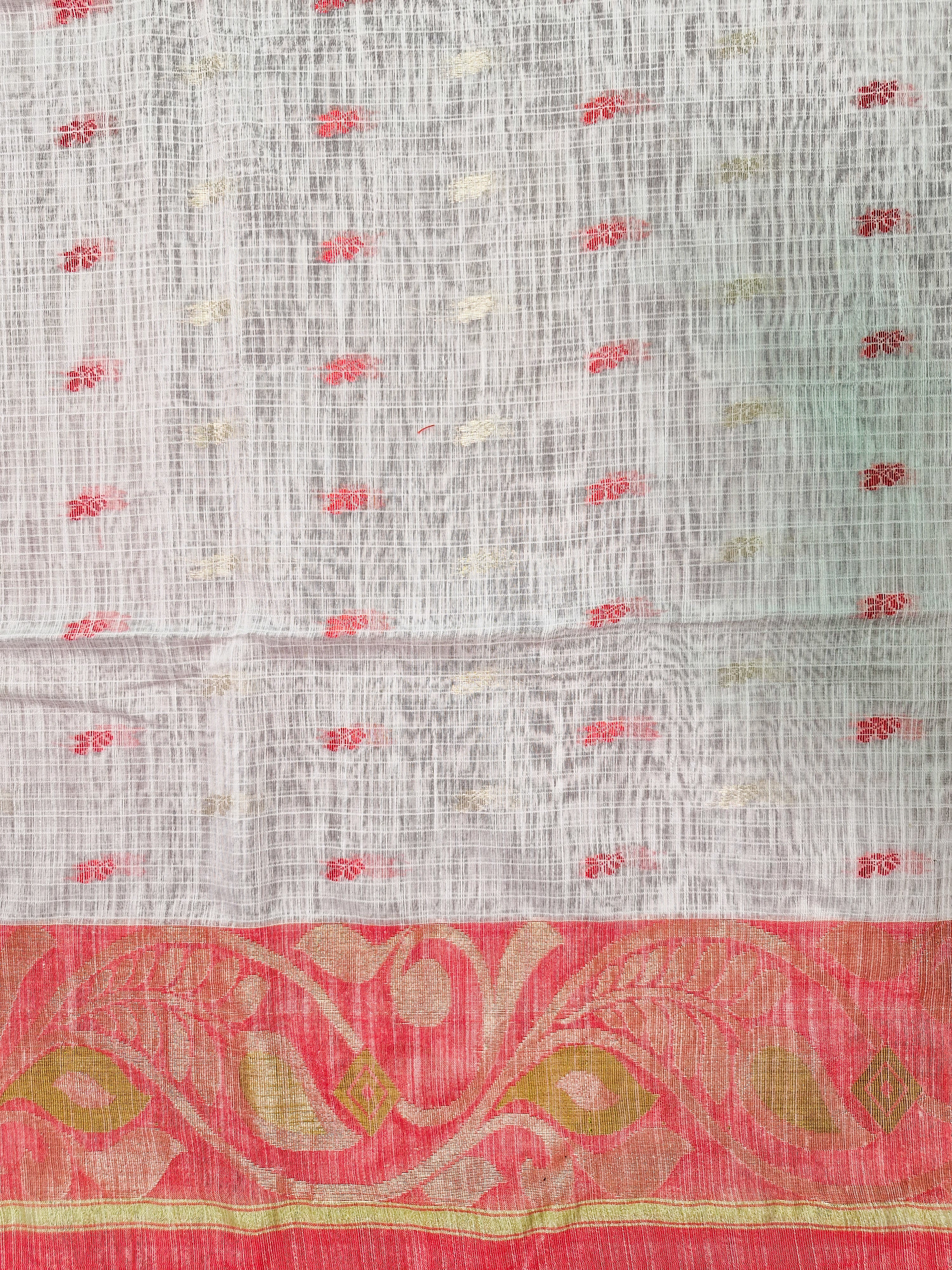 Ivory & Red Pochampally Kota Cotton Saree with Zari Buttas