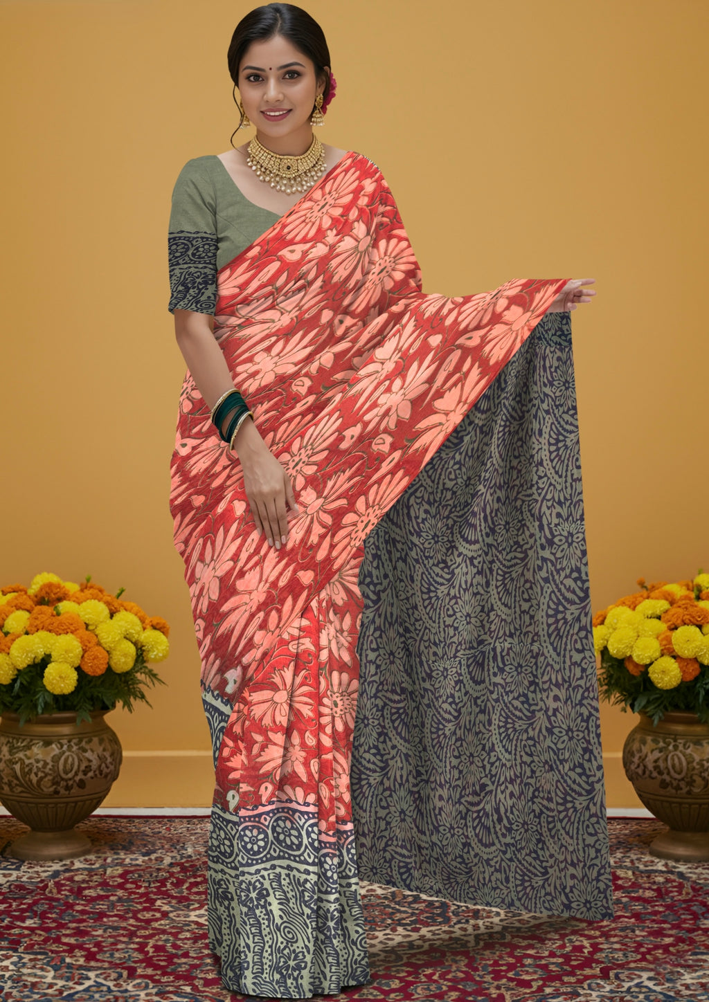 Kalamkari Floral Print Saree with Contrast Kalamkari Pallu & Border