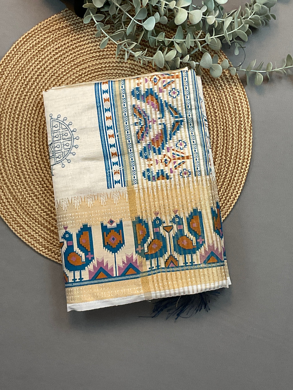 Hand embroidery, off white Pochampalli silk sari with threadwork , butti, and blue work pochampally Pallu with the designer blouse