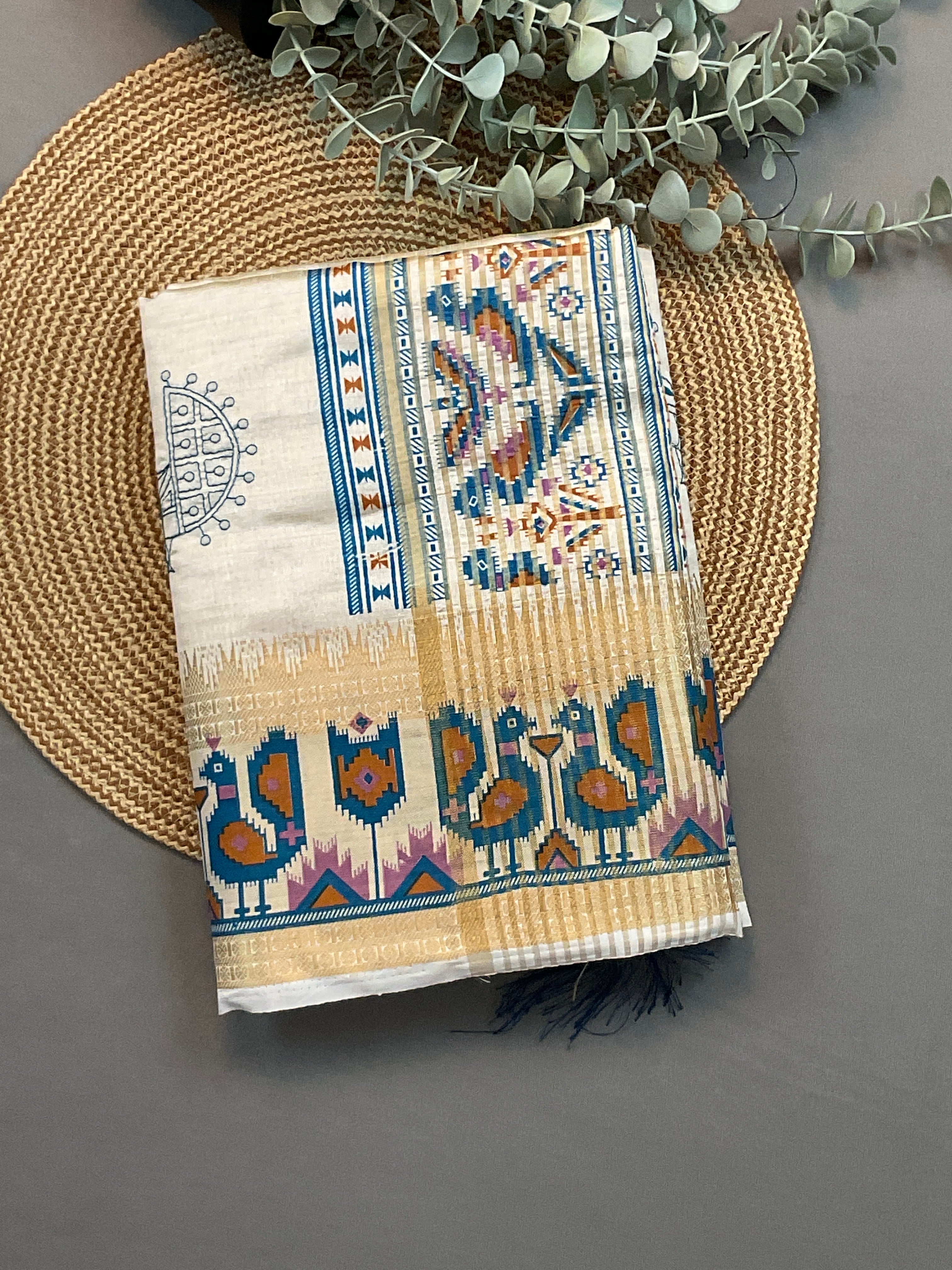 Hand embroidery, off white Pochampalli silk sari with threadwork , butti, and blue work pochampally Pallu with the designer blouse