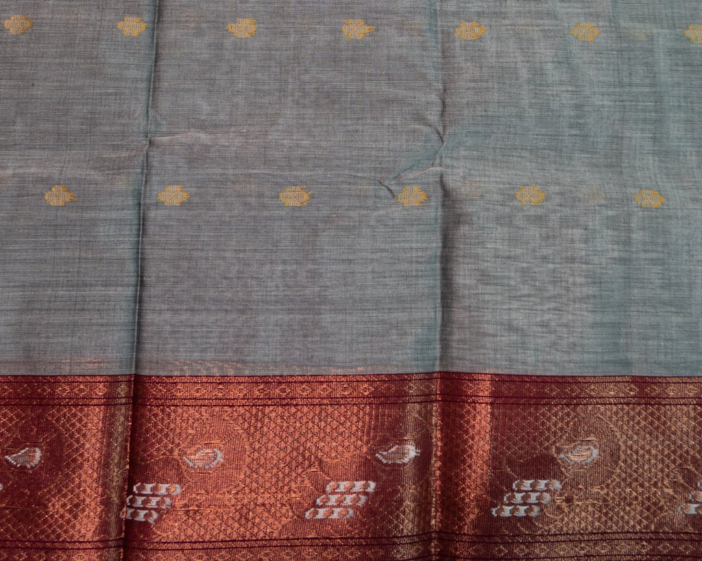 Grey Pochampally Ikat Cotton Saree with Rani Pink Peacock border pallu