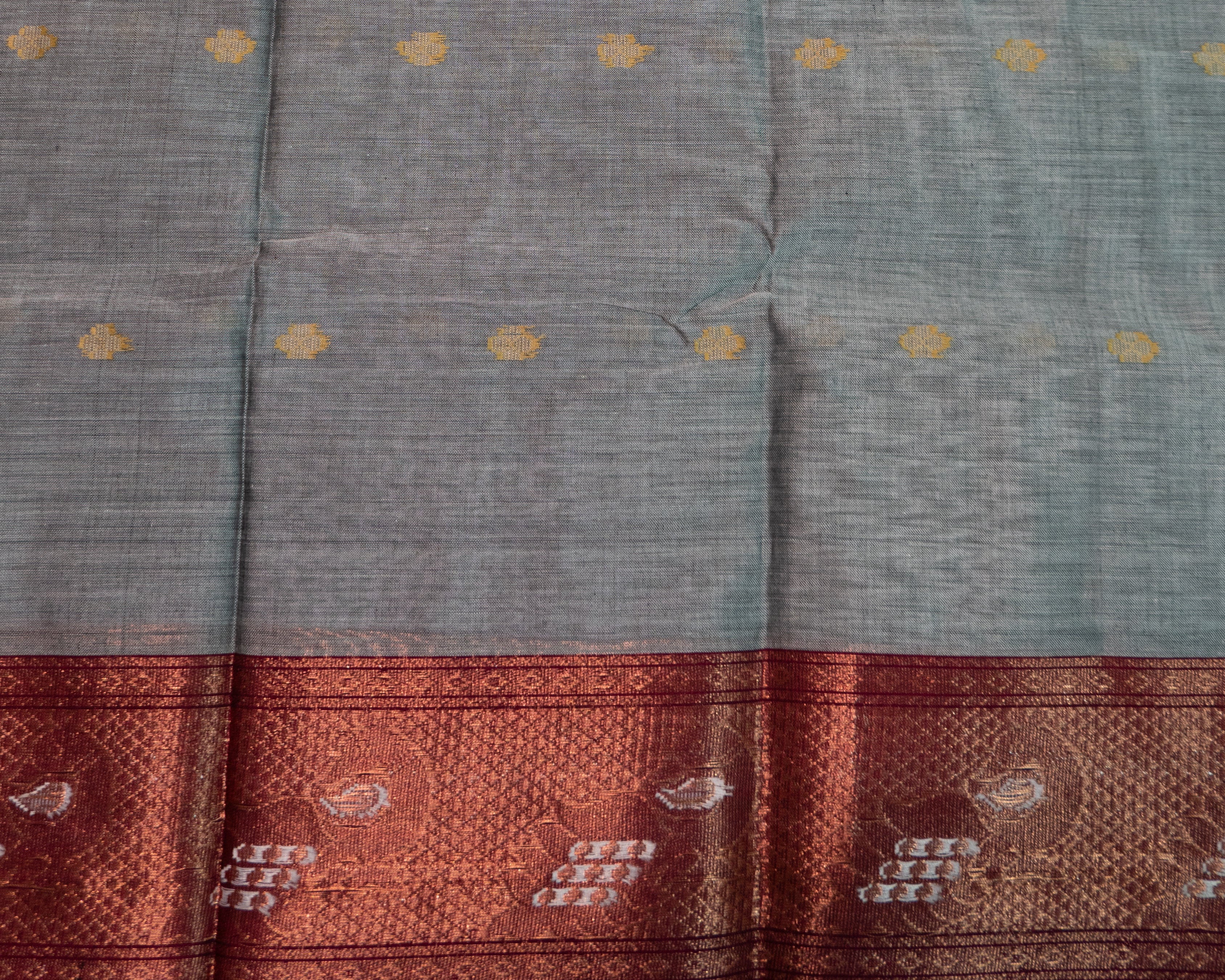 Grey Pochampally Ikat Cotton Saree with Rani Pink Peacock border pallu