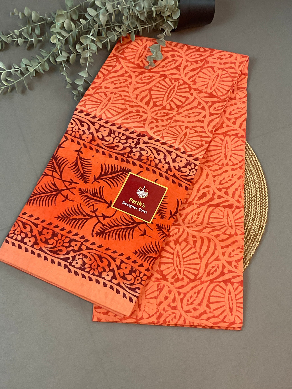Orange Block Print Dress Material