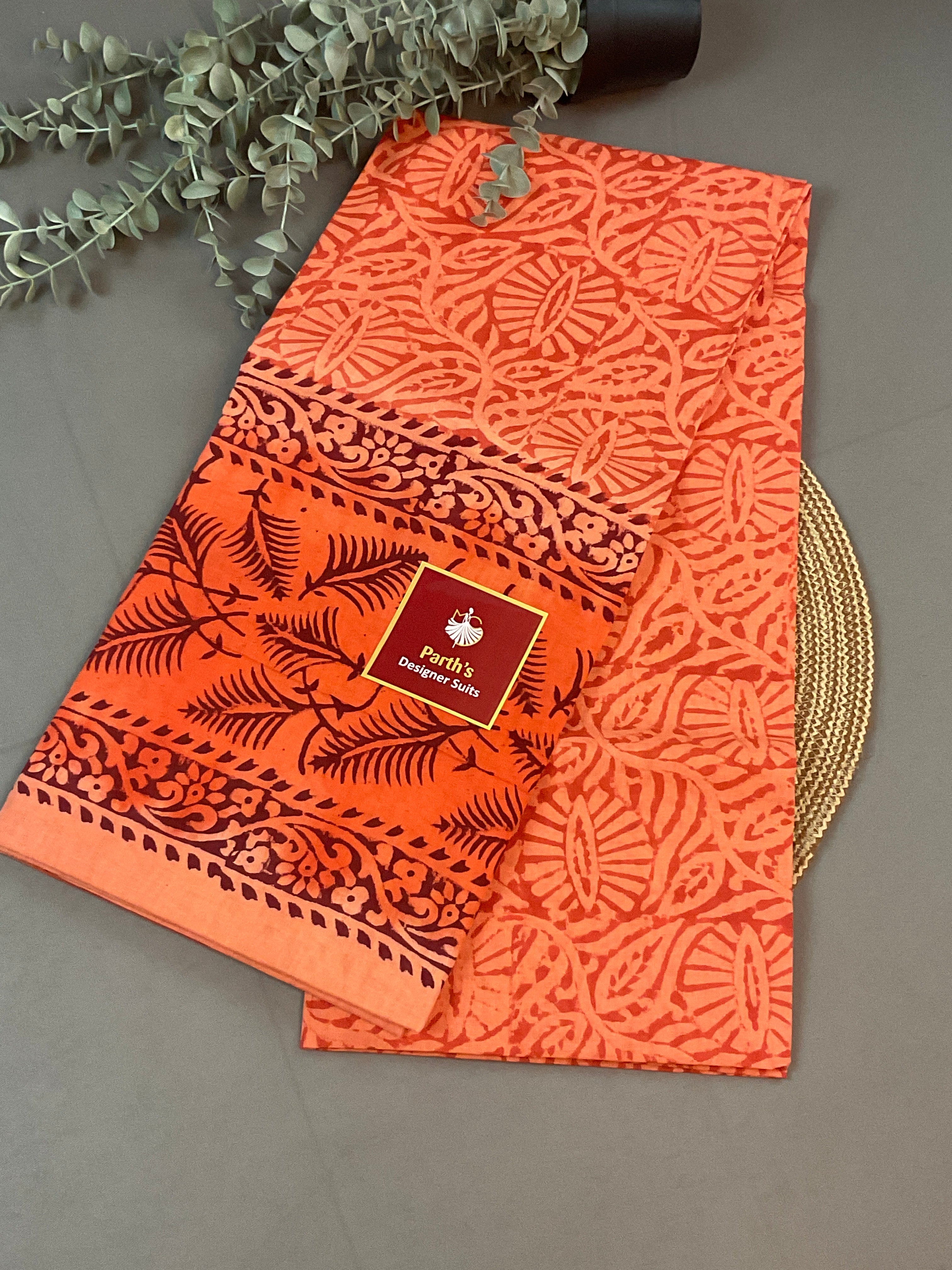 Orange Block Print Dress Material