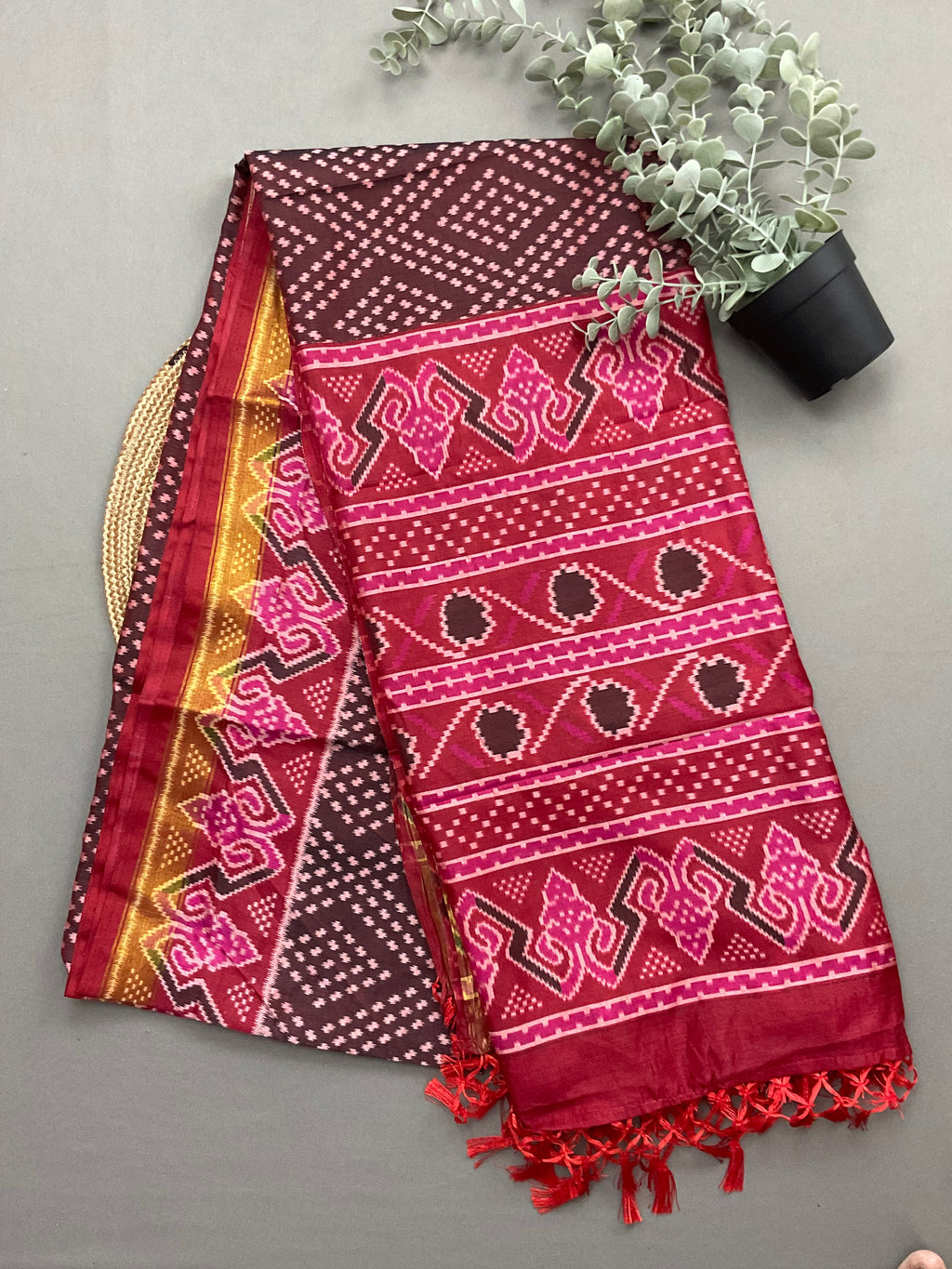 Rani pink Multicolour Patola Print Soft Silk Dress Material with Designer Bottom