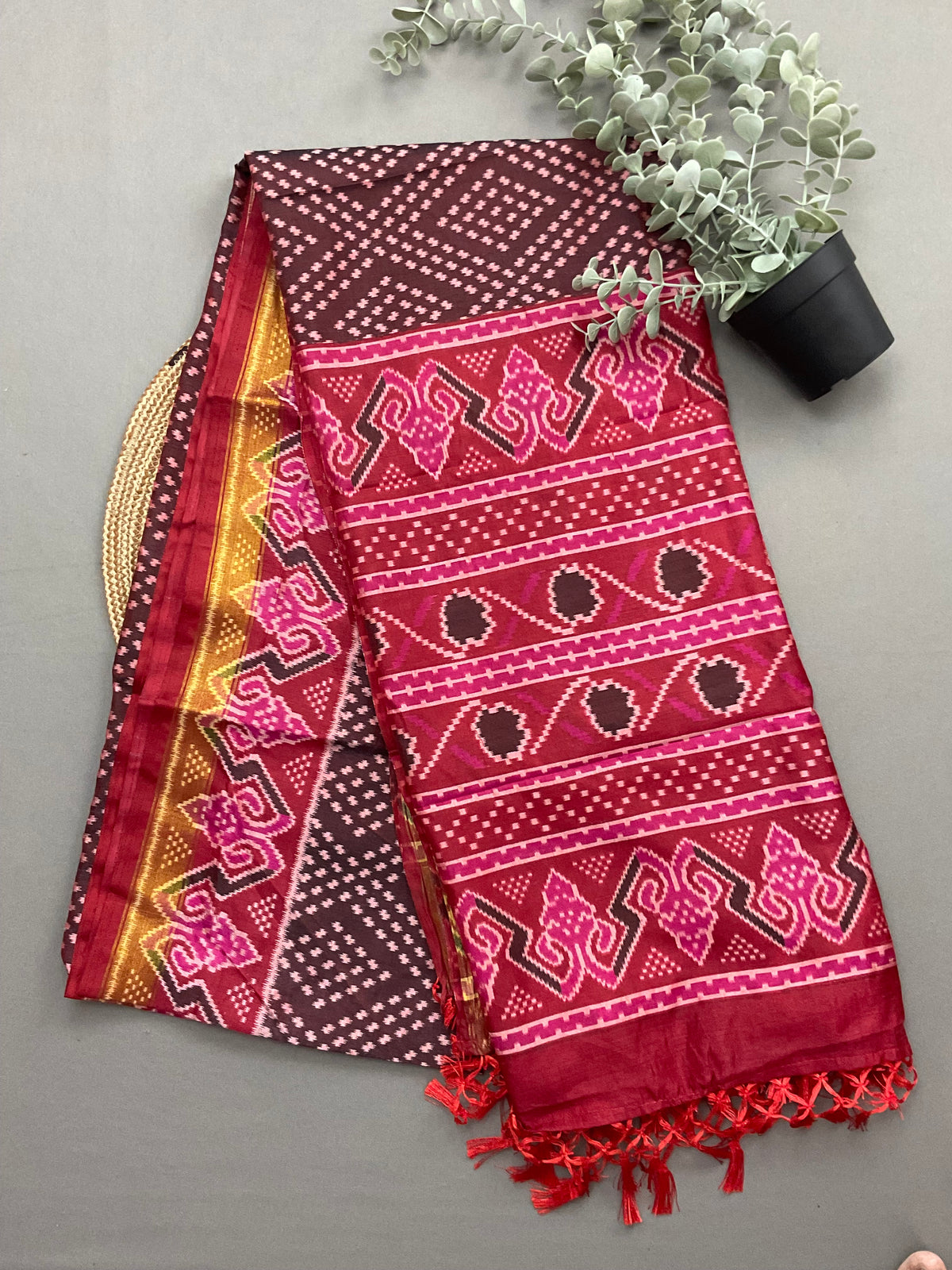Rani pink Multicolour Patola Print Soft Silk Dress Material with Designer Bottom