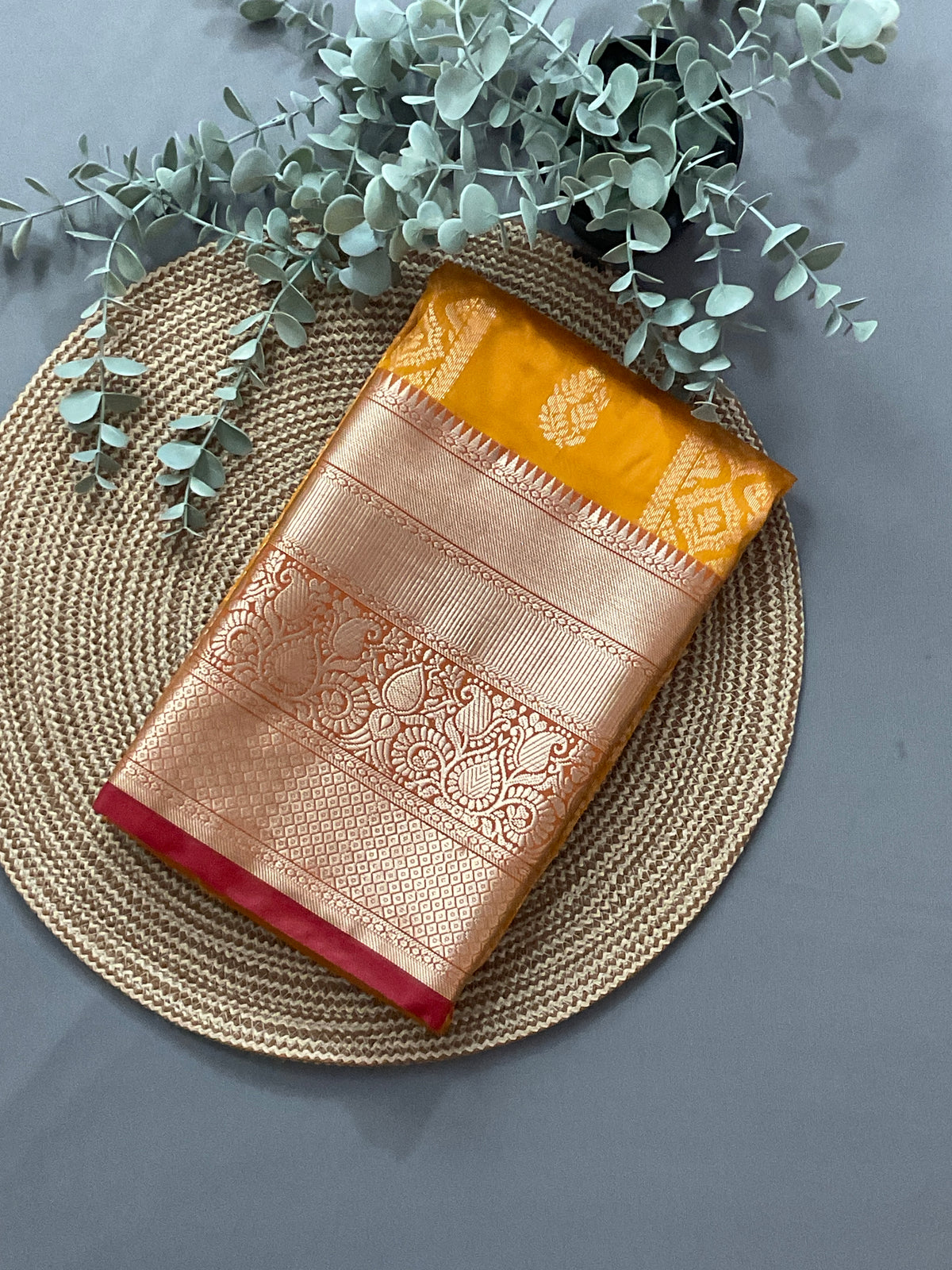 Mustard Kanchipuram Silk Saree – Red Contrast Pallu & Red Heavy Border with Blouse