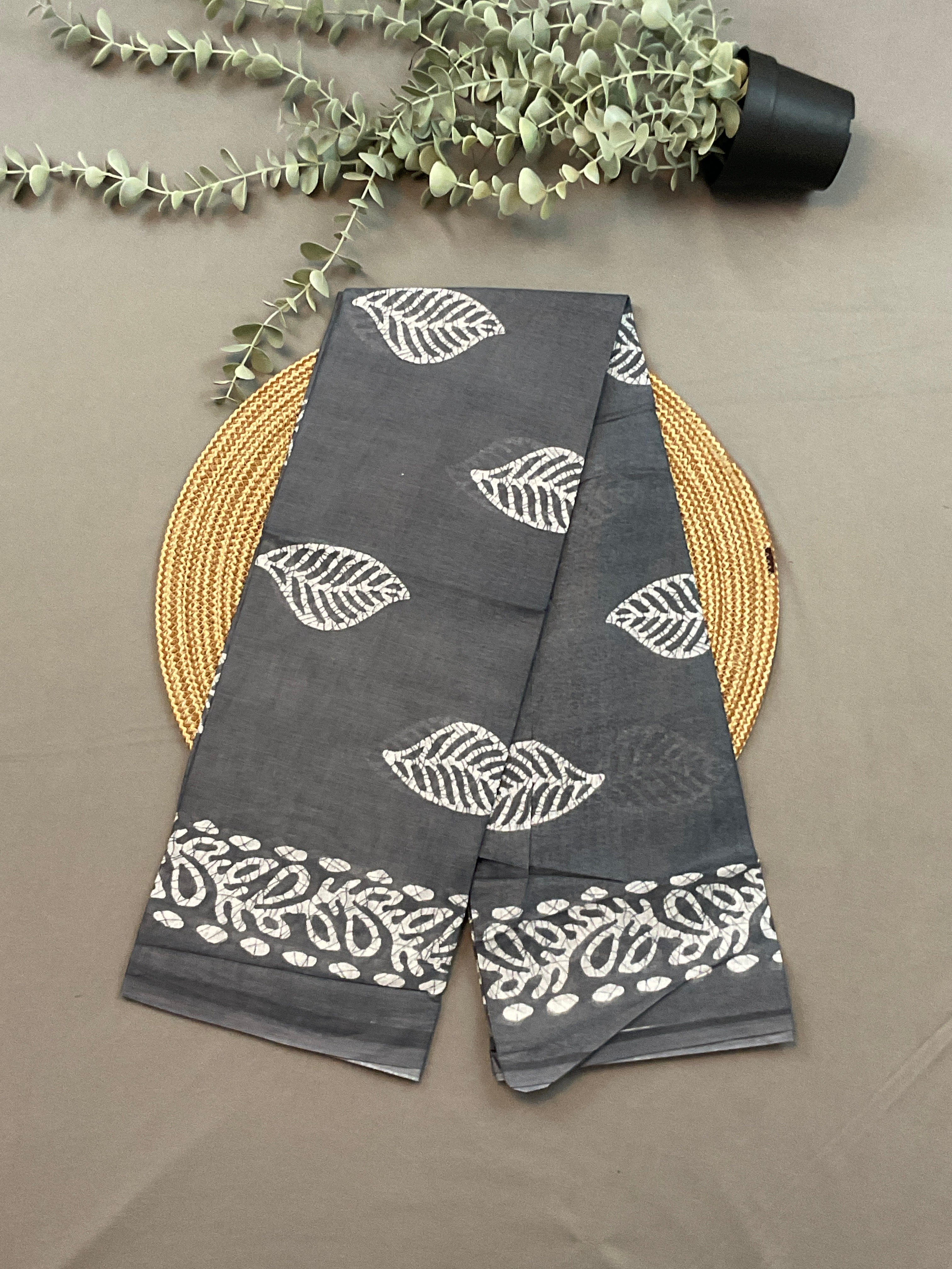 Ash Grey Hand Batik Print Cotton Dress Material – Unstitched 3-Piece Suit
