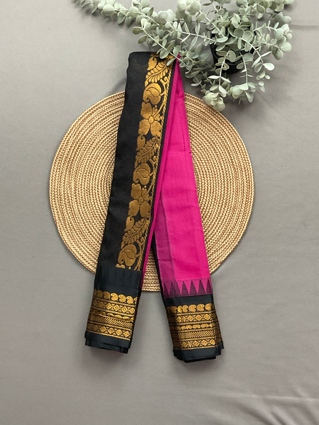 Pink sico Gadwal silk saree with black zari border and pallu from Sri Manisha Sarees