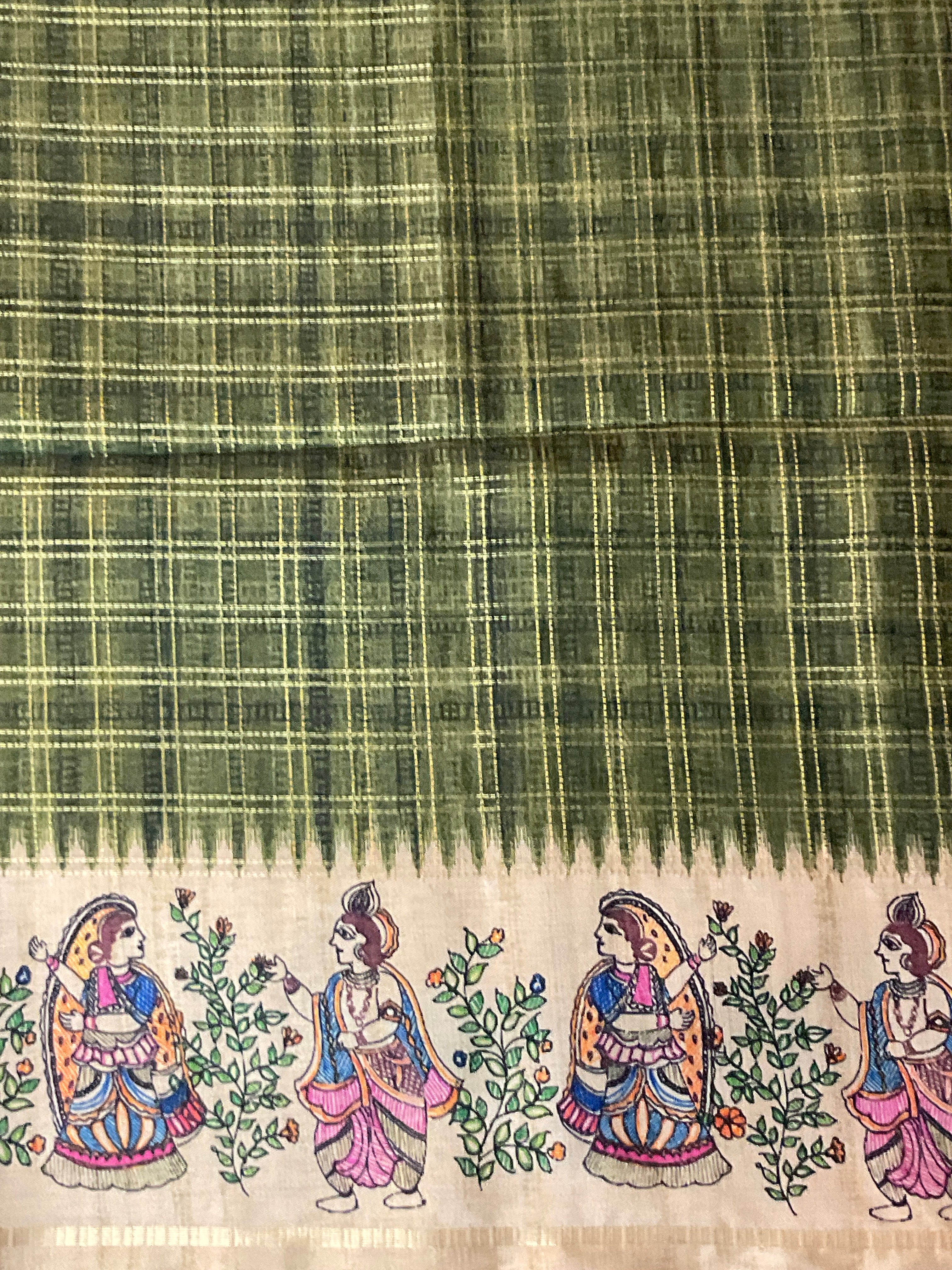 Kalamkari Hand Block Printed Handloom Silk Saree in Green with Designer Pallu & Blouse