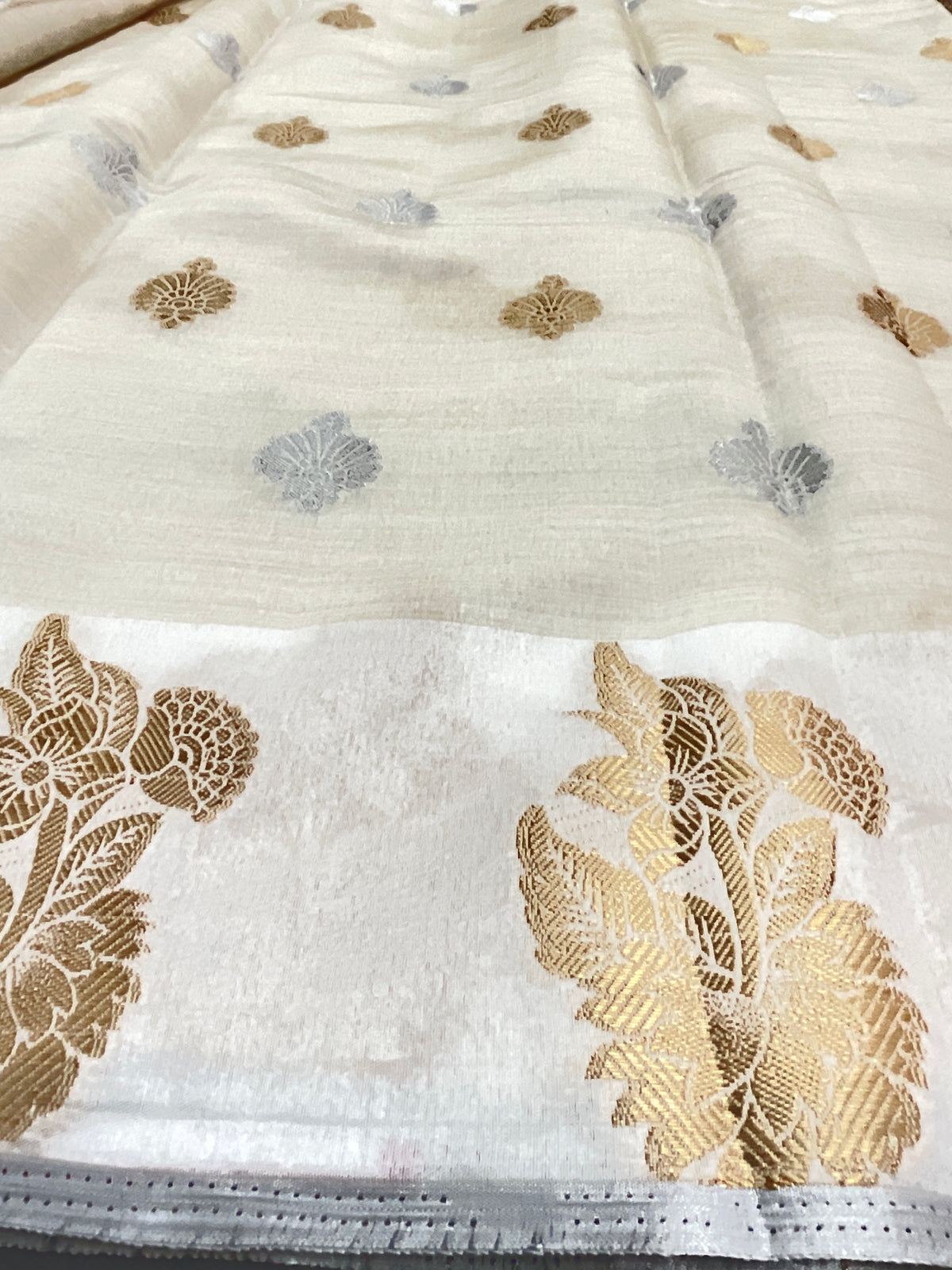 White and gold zari butti silk saree design 3